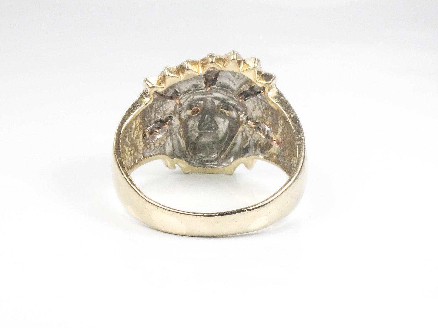 Vintage 14k Gold Indian Chief Ring: Diamond & Ruby Headdress, Size 10, Tri-Color