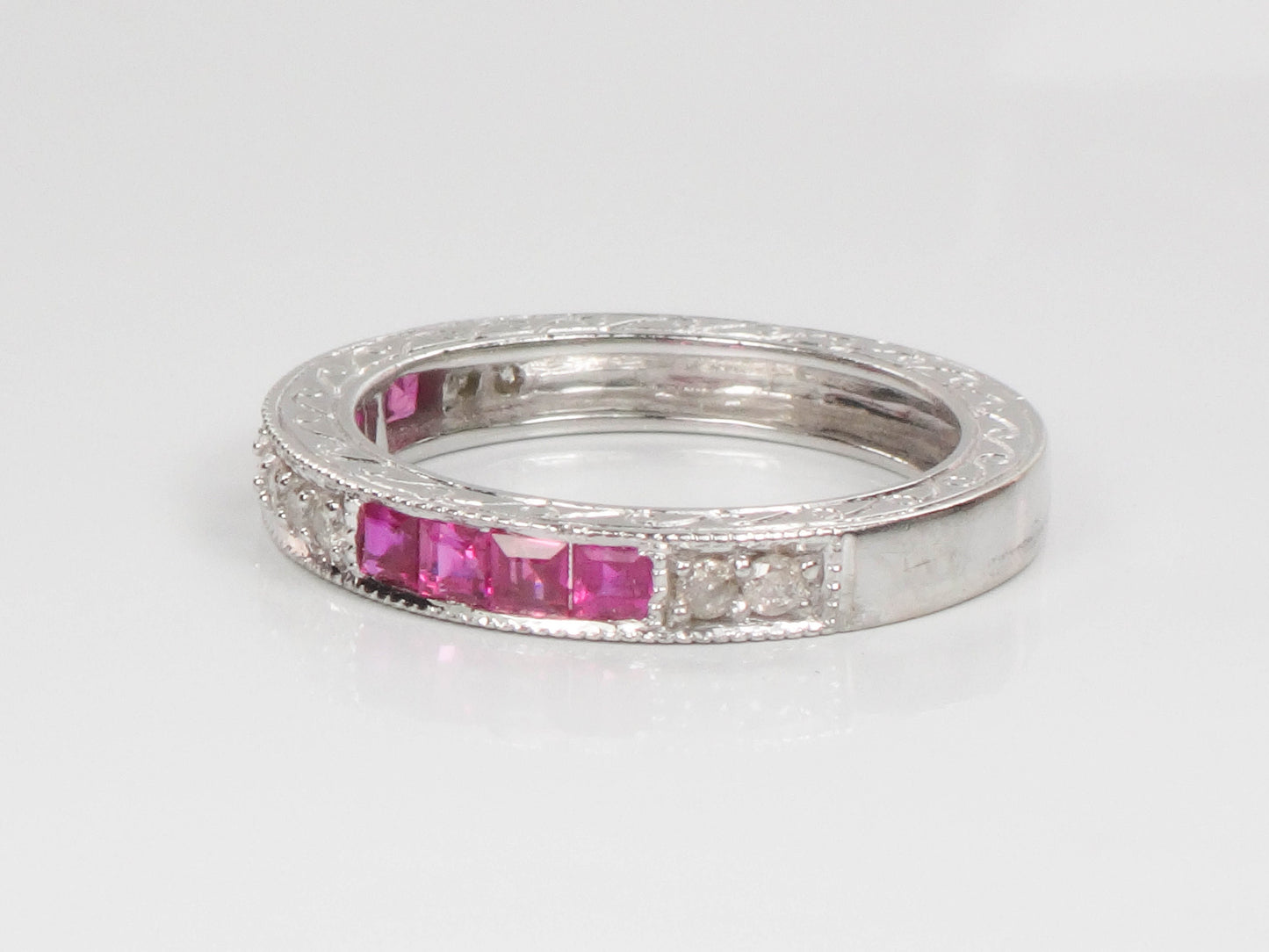 Vintage 14k White Gold Diamond Ruby Ring: Art Deco Style Stacking Band (Size 6.5)