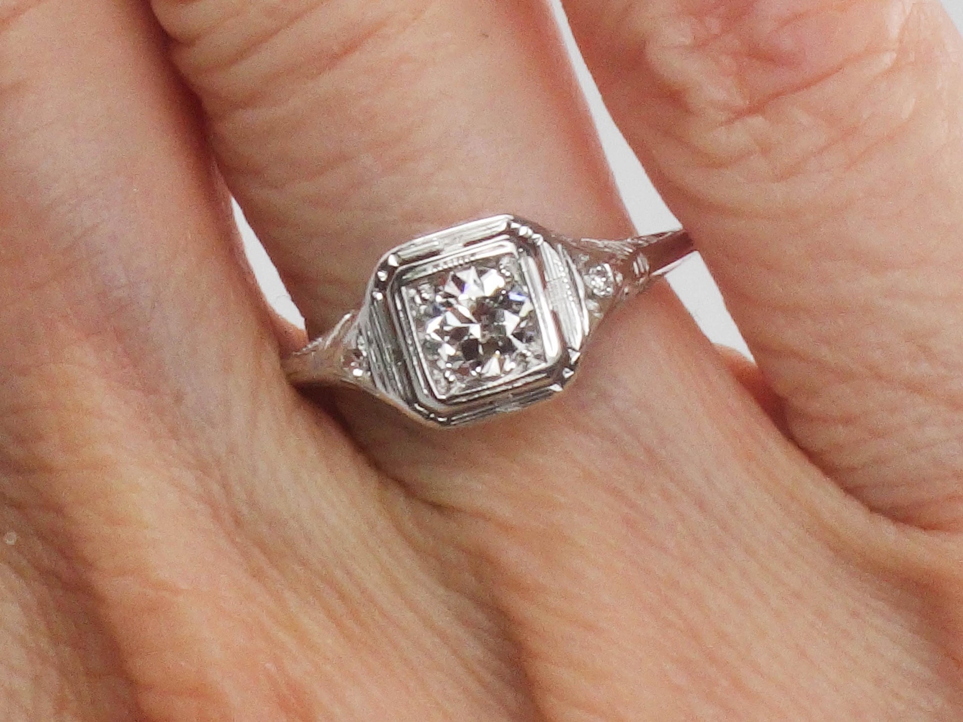 Vintage Art Deco 18k White Gold Transitional Old Mine Cut Natural Diamond Filigree Engagement Ring Size 6
