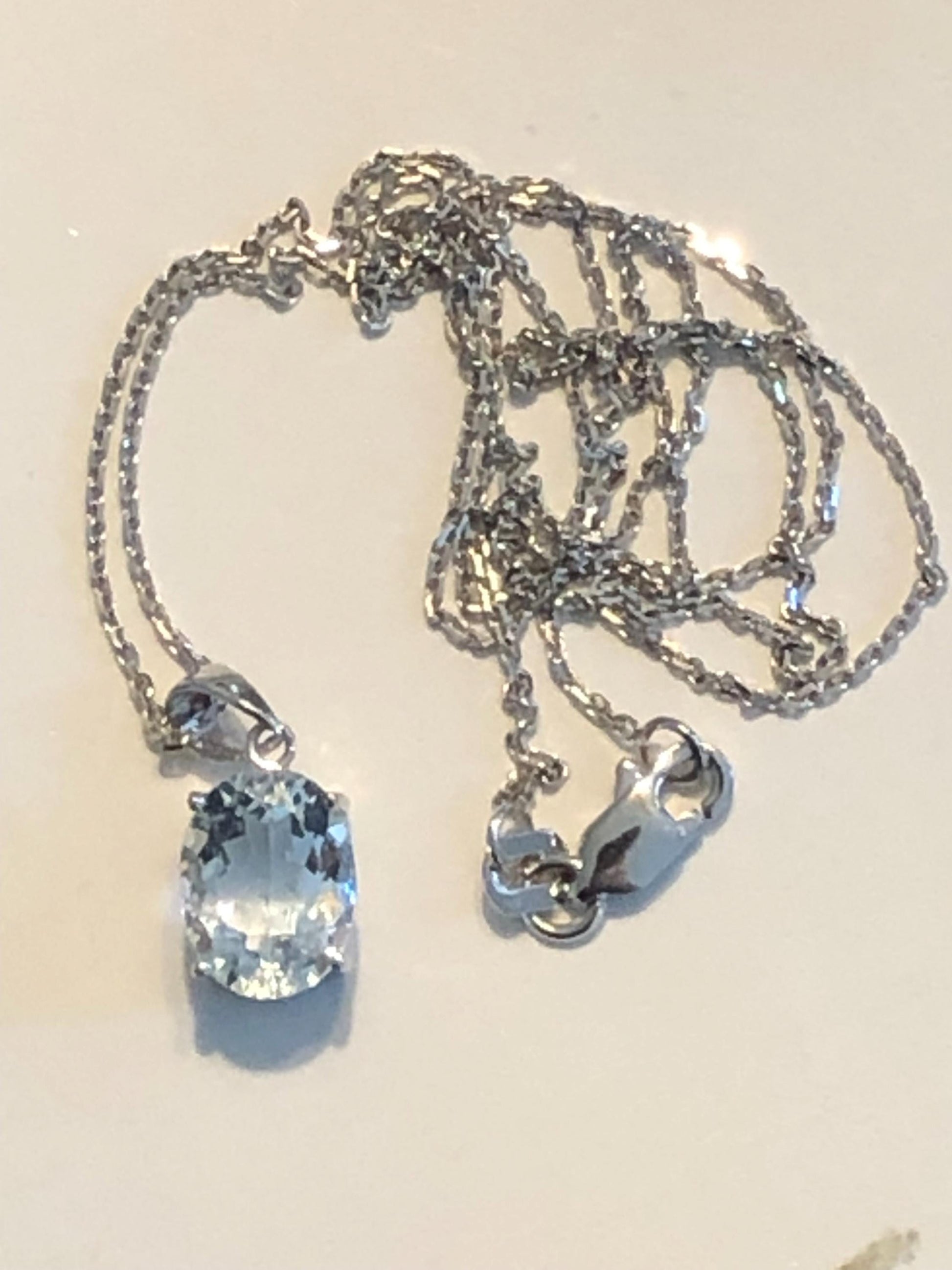 Vintage 14k White Gold Pale Blue Aquamarine Drop Necklace Oval Pendant March Birthstone