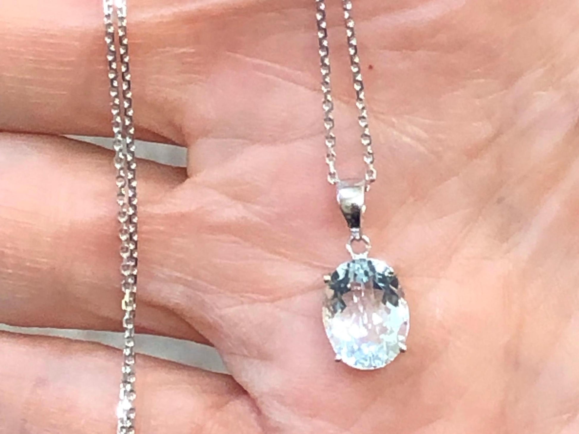 Vintage 14k White Gold Pale Blue Aquamarine Drop Necklace Oval Pendant March Birthstone