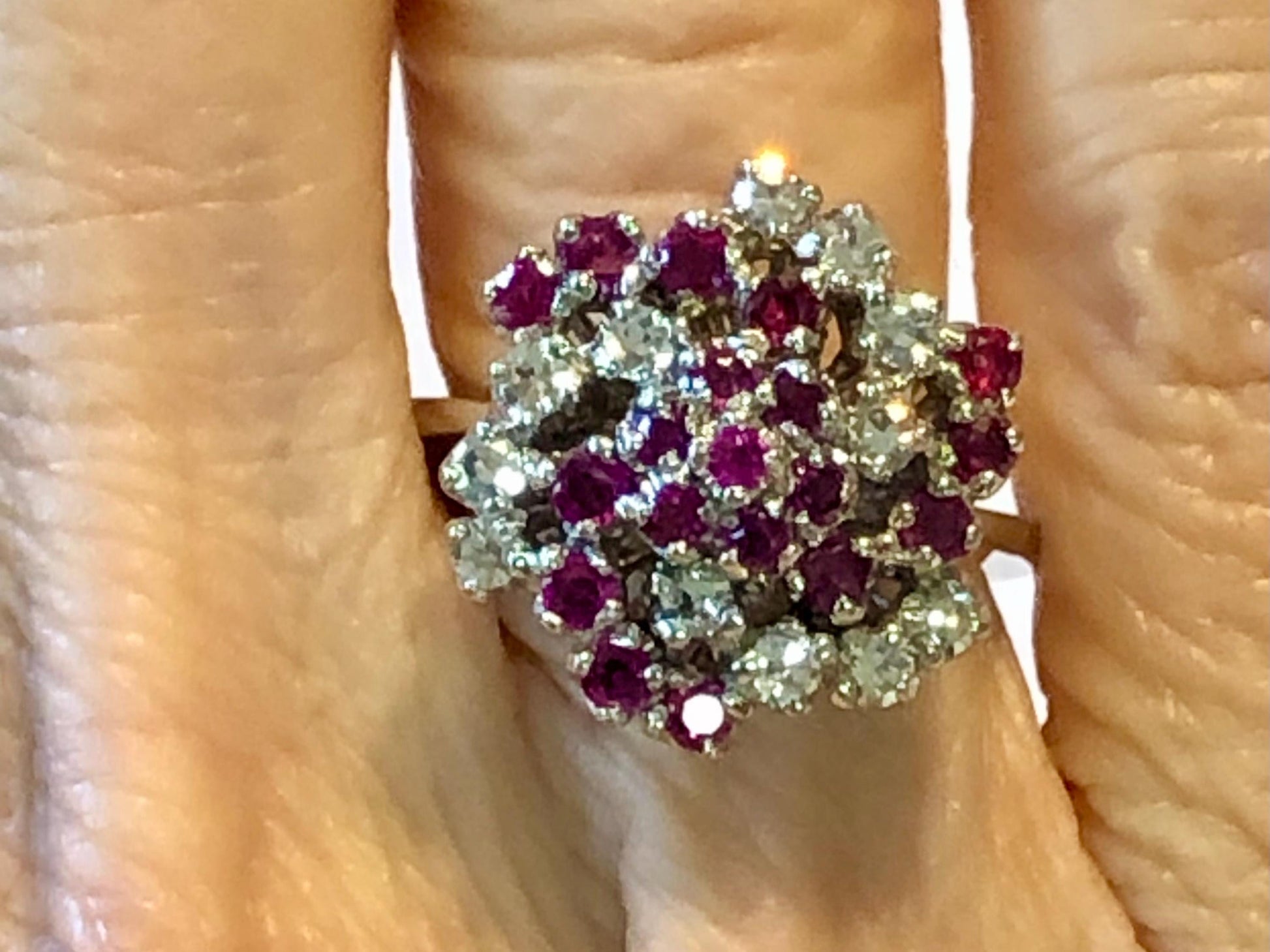 Vintage 14k White Gold Ruby and Diamond Swirl Ring, Cluster Cocktail Ring, Size 4.5