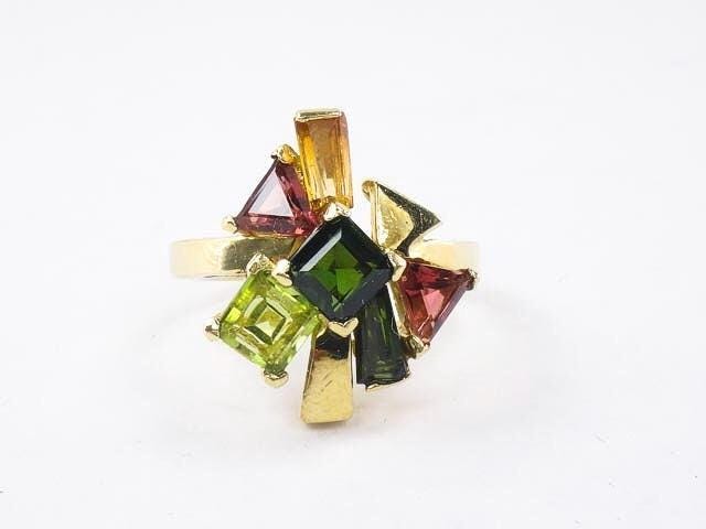 Vintage 18k Gold Multi-Gemstone Cluster Ring: Italian Tourmaline Citrine Peridot, Size 7