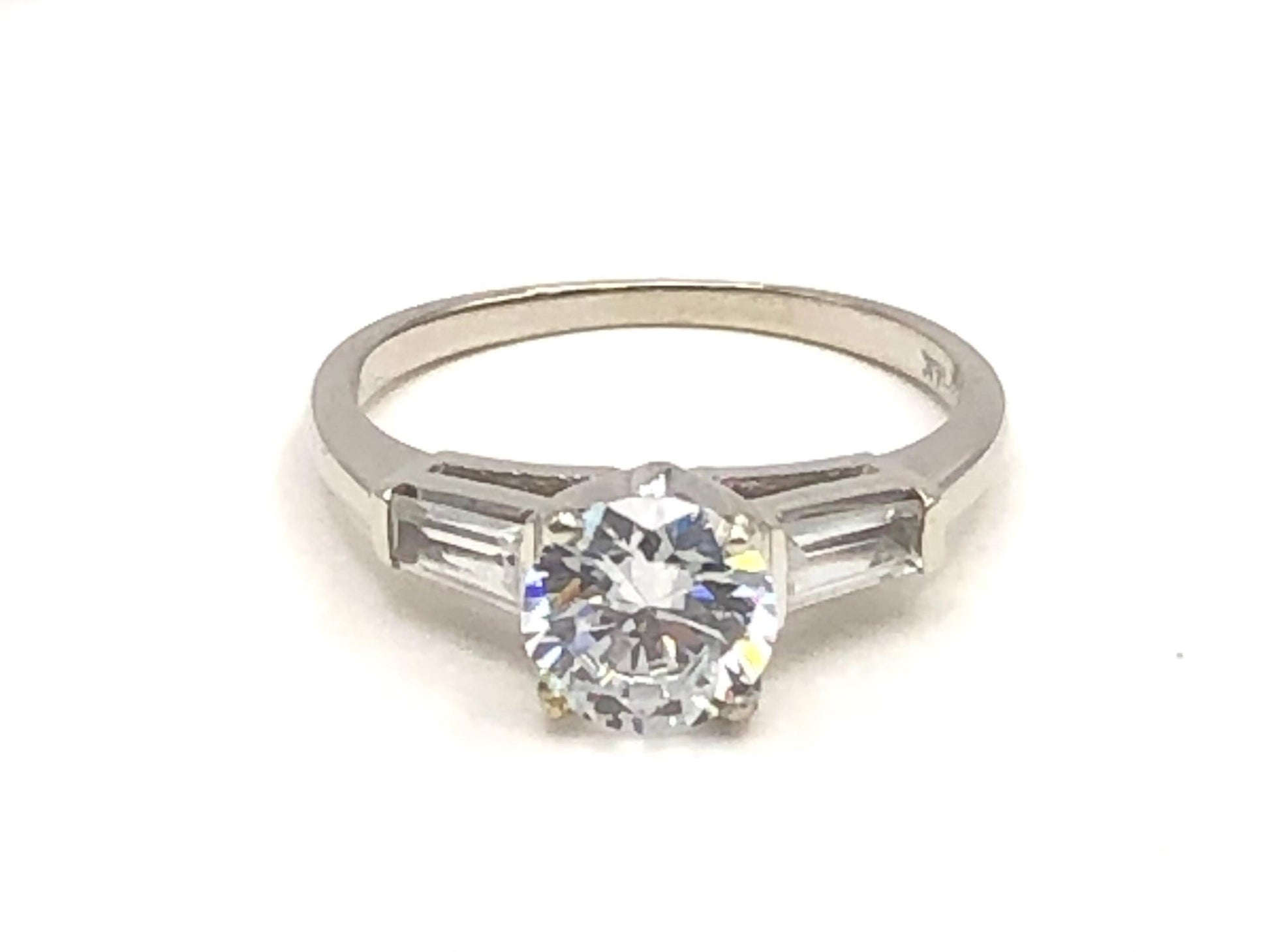 Vintage 14k White Gold Engagement Ring: Round CZ & Sapphire Baguettes, Size 7