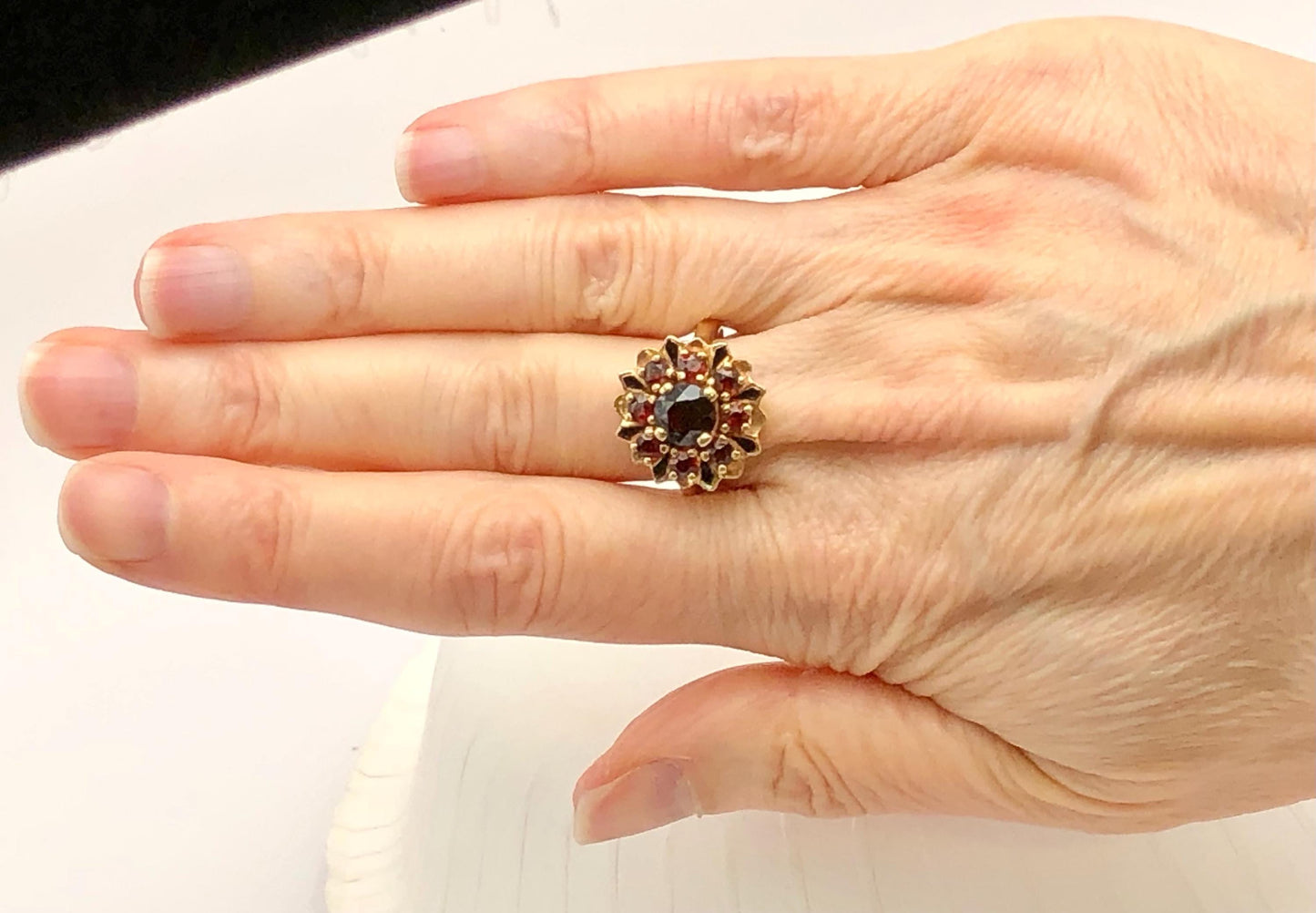 Vintage 14k Yellow Gold Garnet Cluster Ring: Black Enamel Floral Design, Size 7
