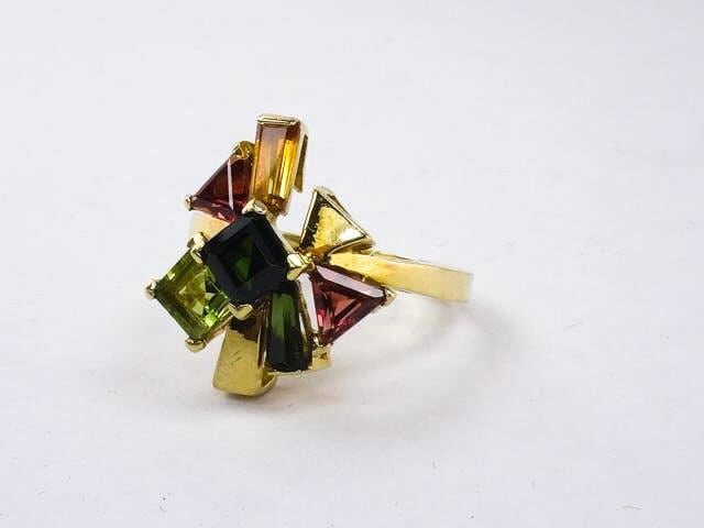 Vintage 18k Gold Multi-Gemstone Cluster Ring: Italian Tourmaline Citrine Peridot, Size 7