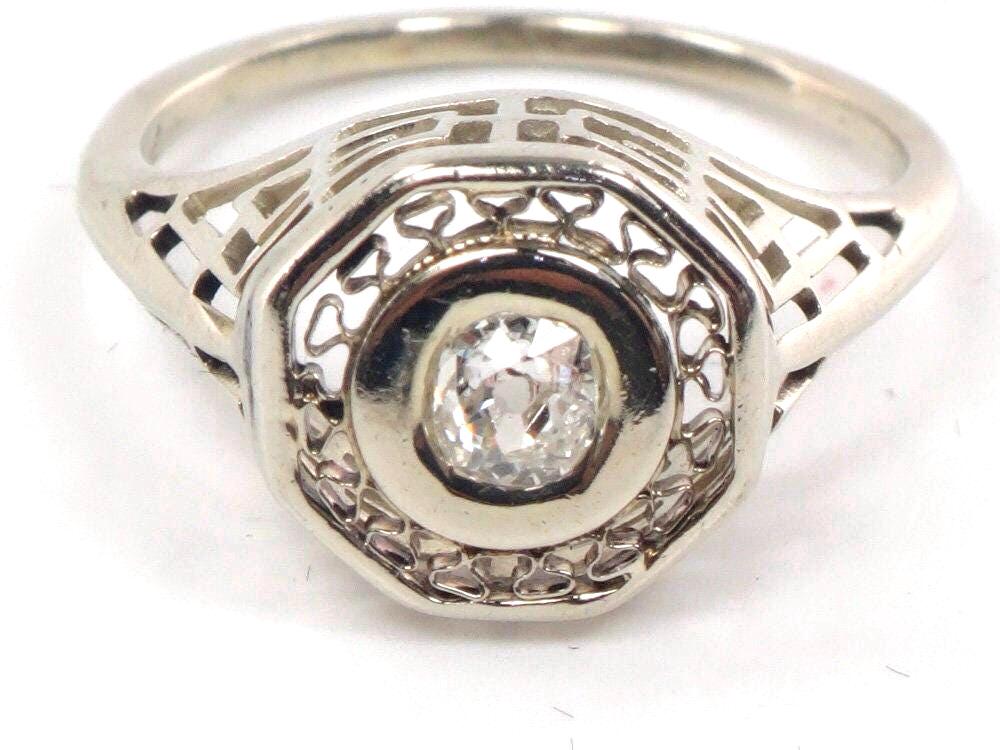 Vintage 14k White Gold Old Mine Cut Diamond Ring Art Deco Filigree Natural Diamond Engagement Ring Circa 1925