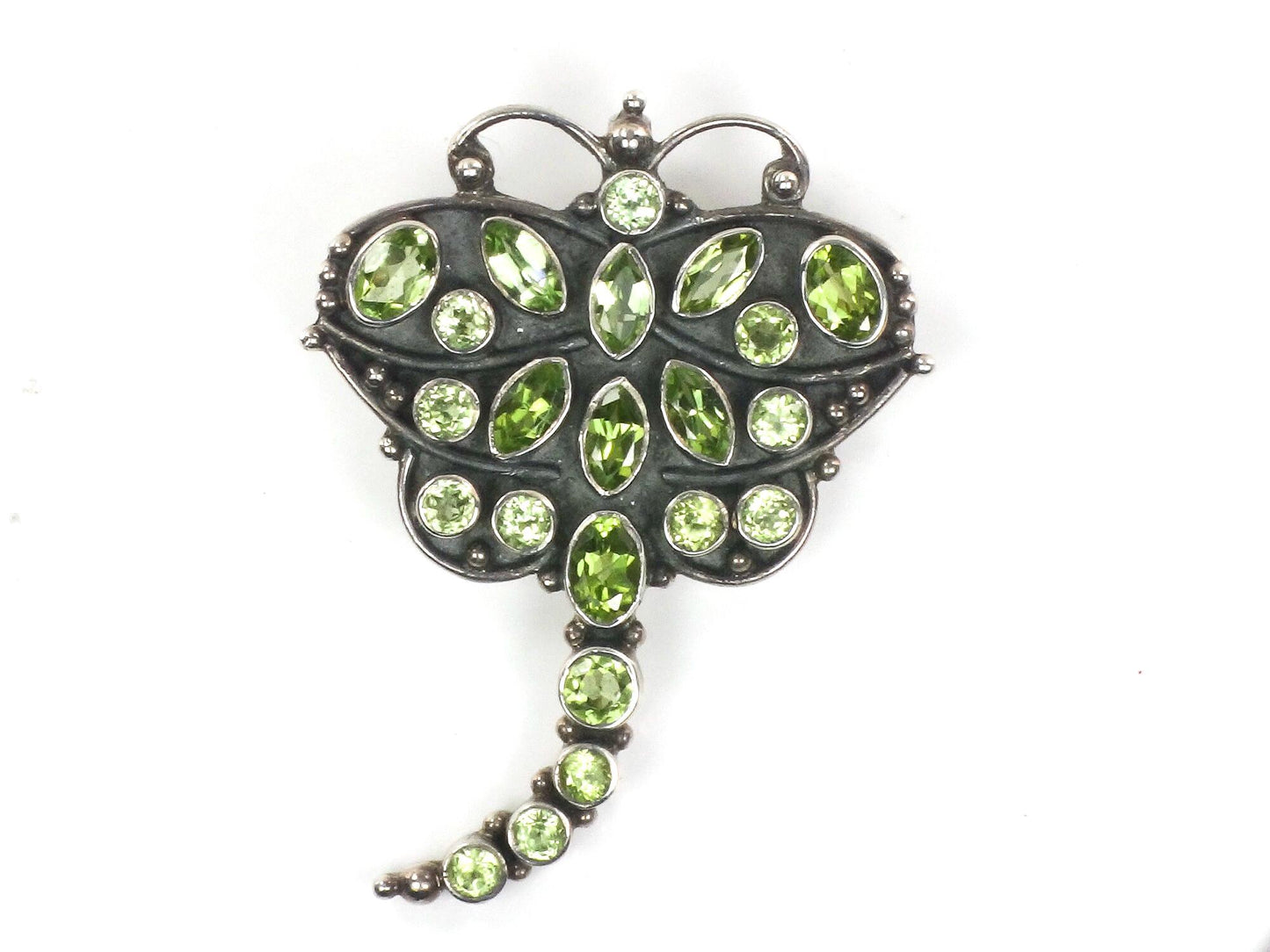 Vintage Large Sterling Silver Peridot Dragonfly Pendant / Pin 925 Green Stone Pendant