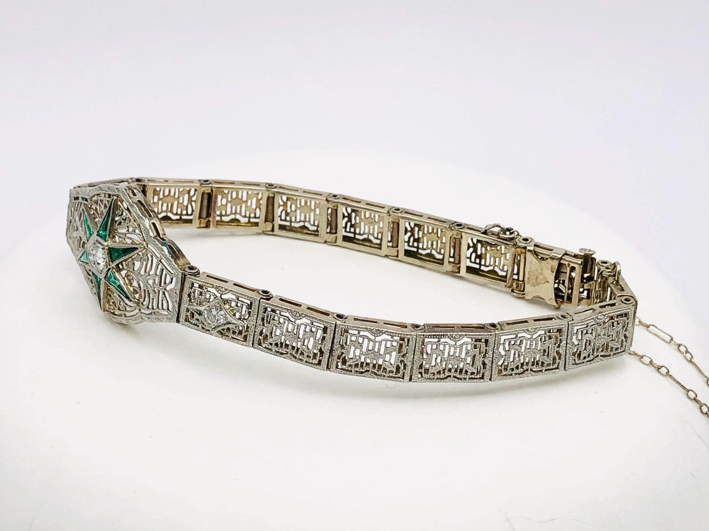 Vintage Art Deco 14k White Gold and Platinum Diamond and Green Glass Star Bracelet