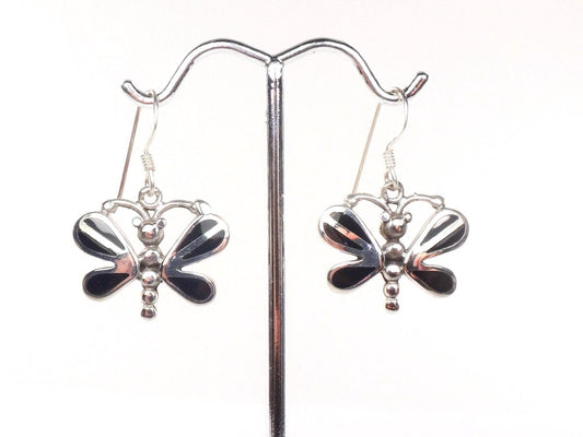 Vintage Sterling Silver Black Onyx Butterfly Earrings with Ear Wires