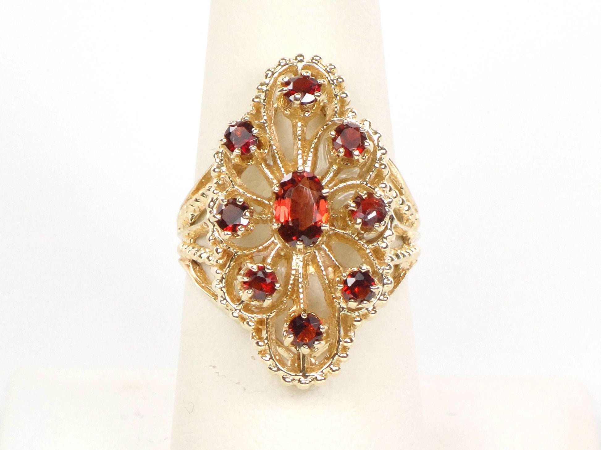 Vintage 14k Yellow Gold Large Garnet Cluster Ring - January Red Birthstone Ring - Size 7.25