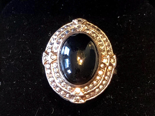 Vintage Art Deco Sterling Silver Marcasite Ring: Black Onyx, Size 3.75