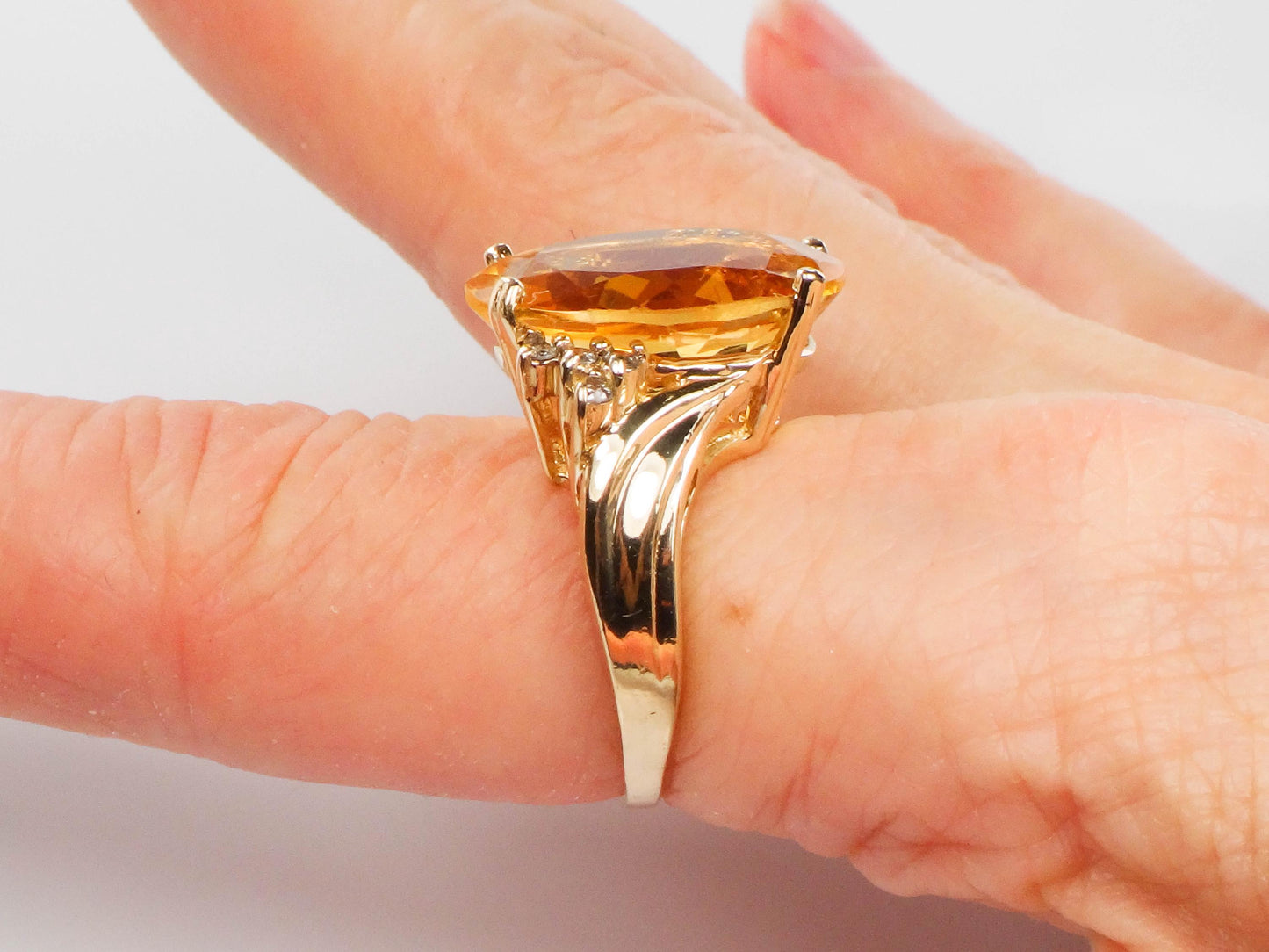 Vintage 14k Yellow Gold Citrine Diamond Ring - 10 CT November Birthstone, Size 6.75