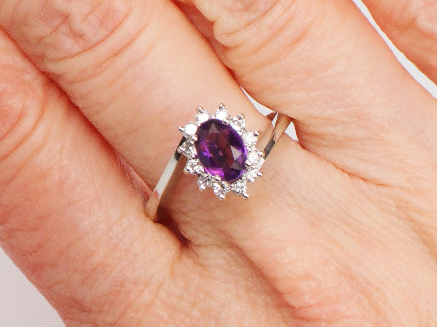 Vintage 14k White Gold Amethyst Diamond Halo Ring - Size 7