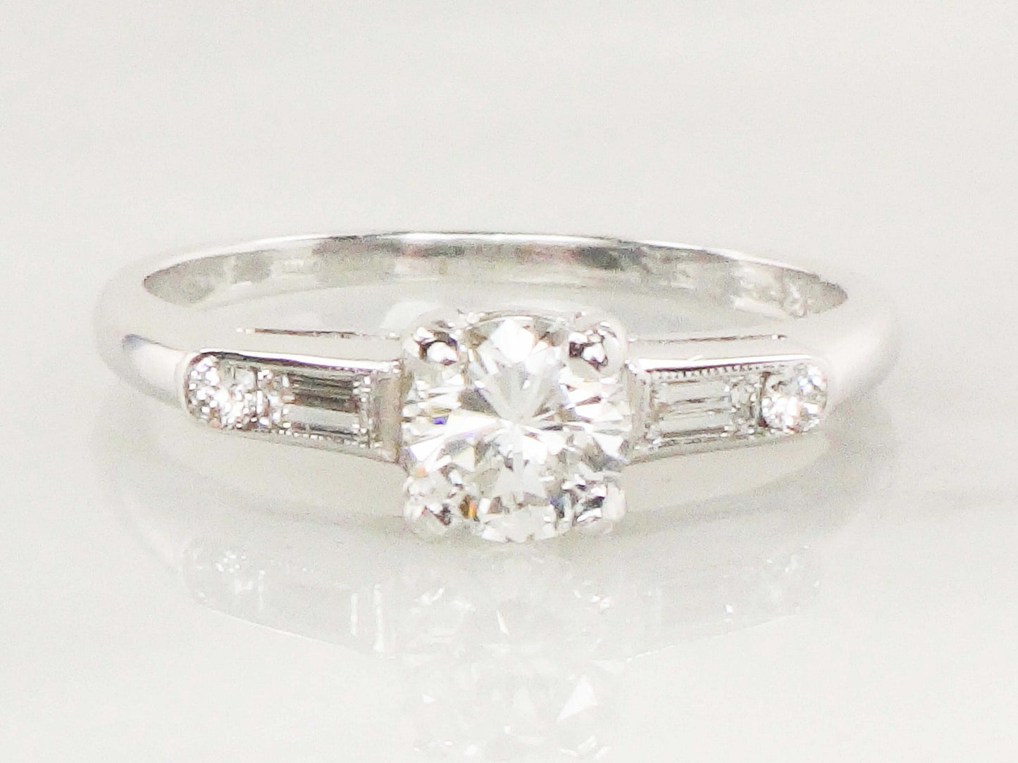 Vintage 14k White Gold Natural Diamond Engagement Ring GIA Certified .52 Carat Round Brilliant Diamond Engagement Ring Size 6.5