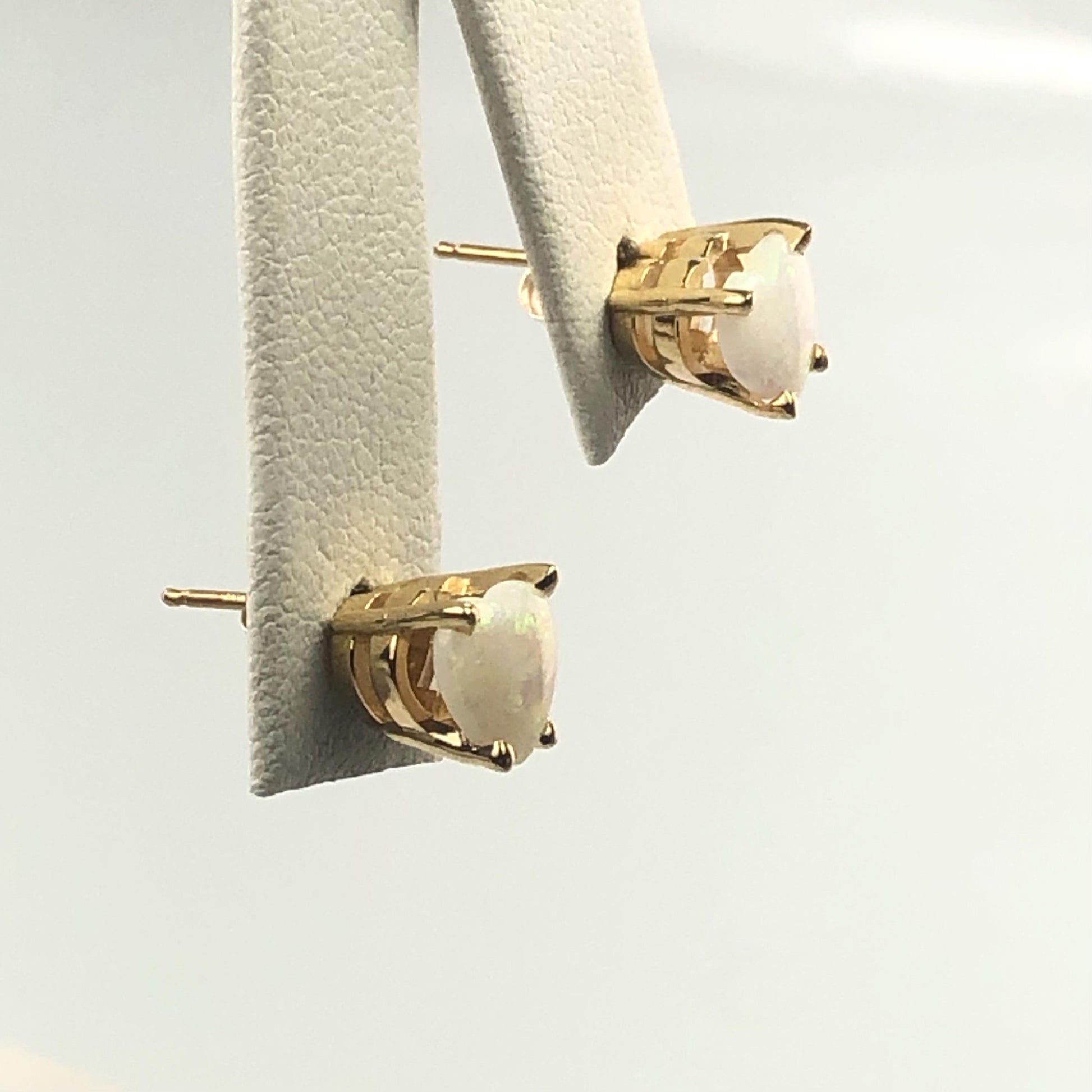 Vintage 14k Yellow Gold Natural Opal Heart Shaped Stud Earrings, October Birthstone