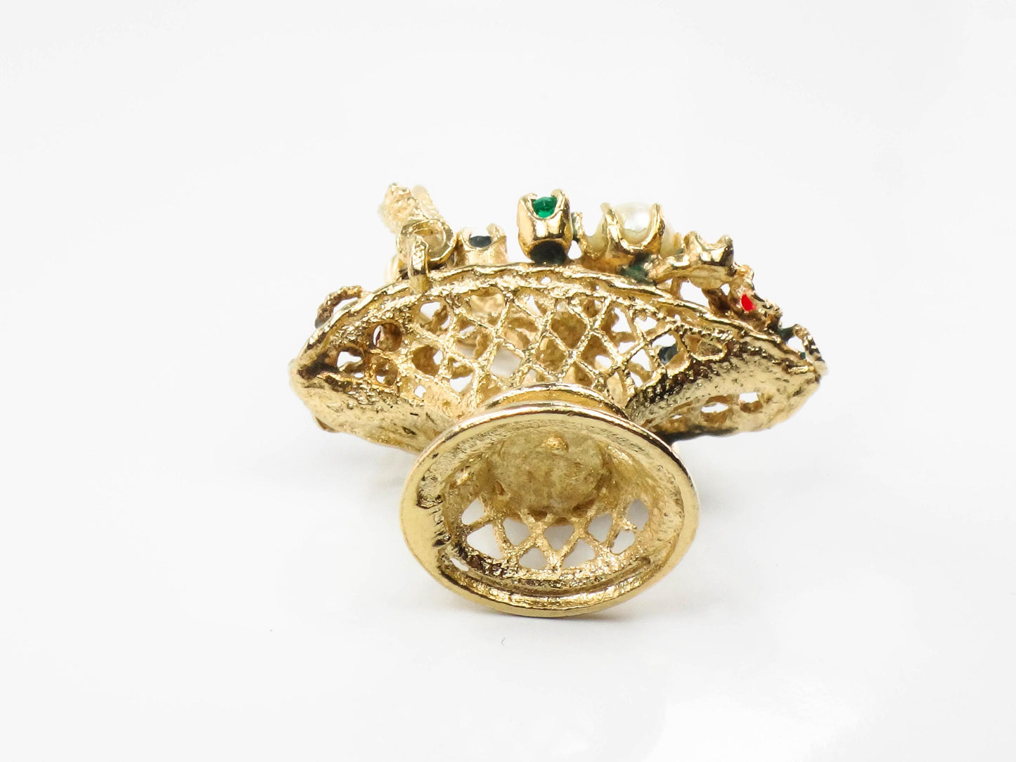 Vintage 14k Gold Basket of Flowers Charm, 3-D Yellow Gold Floral Gemstones Pendant