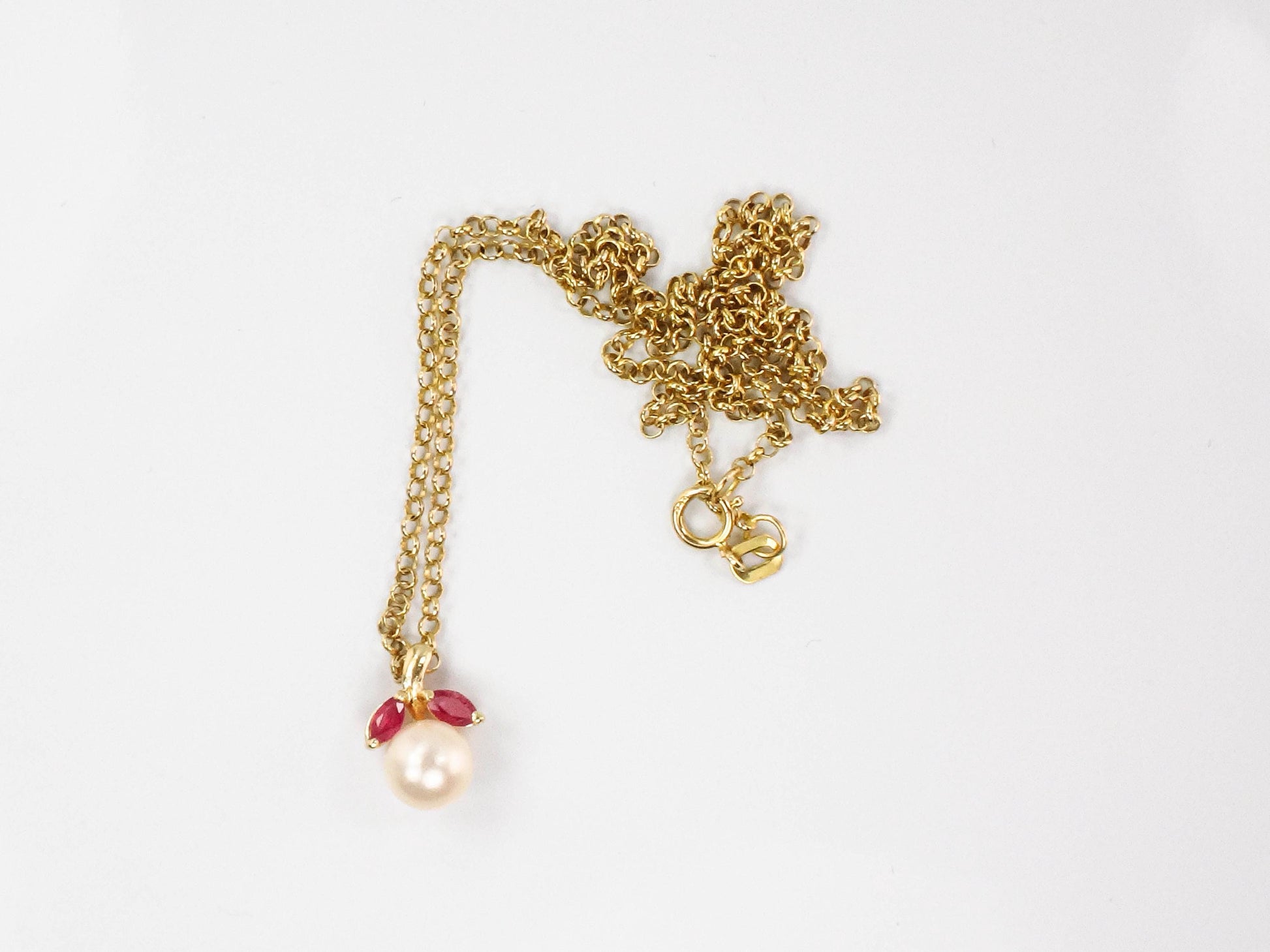 Vintage 14k Gold Pearl Ruby Necklace: 18k Chain, Bridal Jewelry