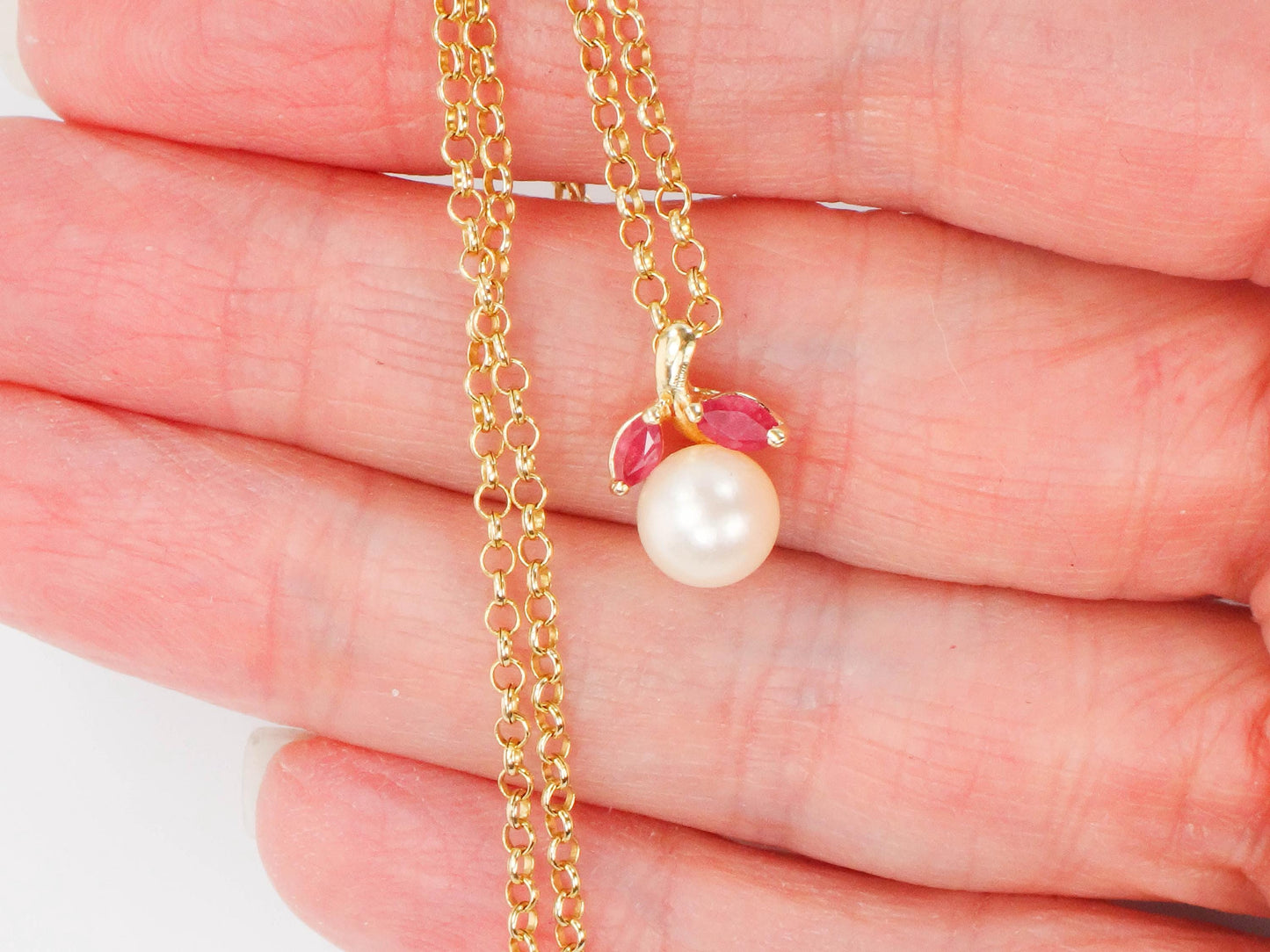 Vintage 14k Gold Pearl Ruby Necklace: 18k Chain, Bridal Jewelry