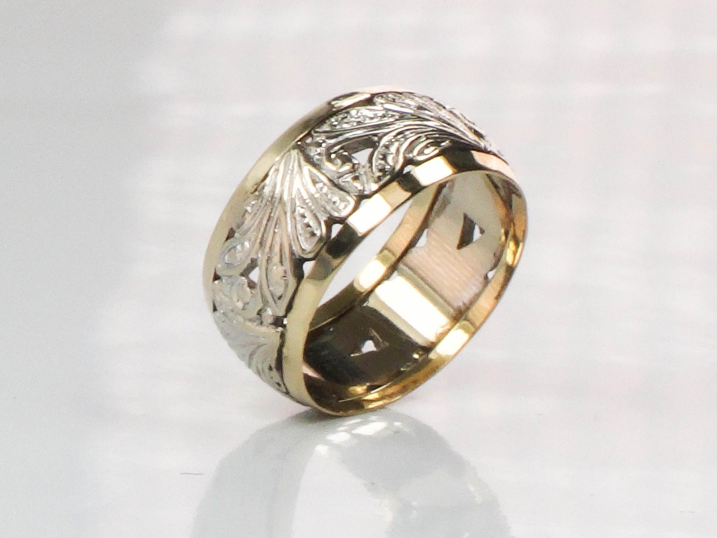 Vintage 14k Two-Tone Gold Wedding Band: Floral Pierced Design, Size 6.25