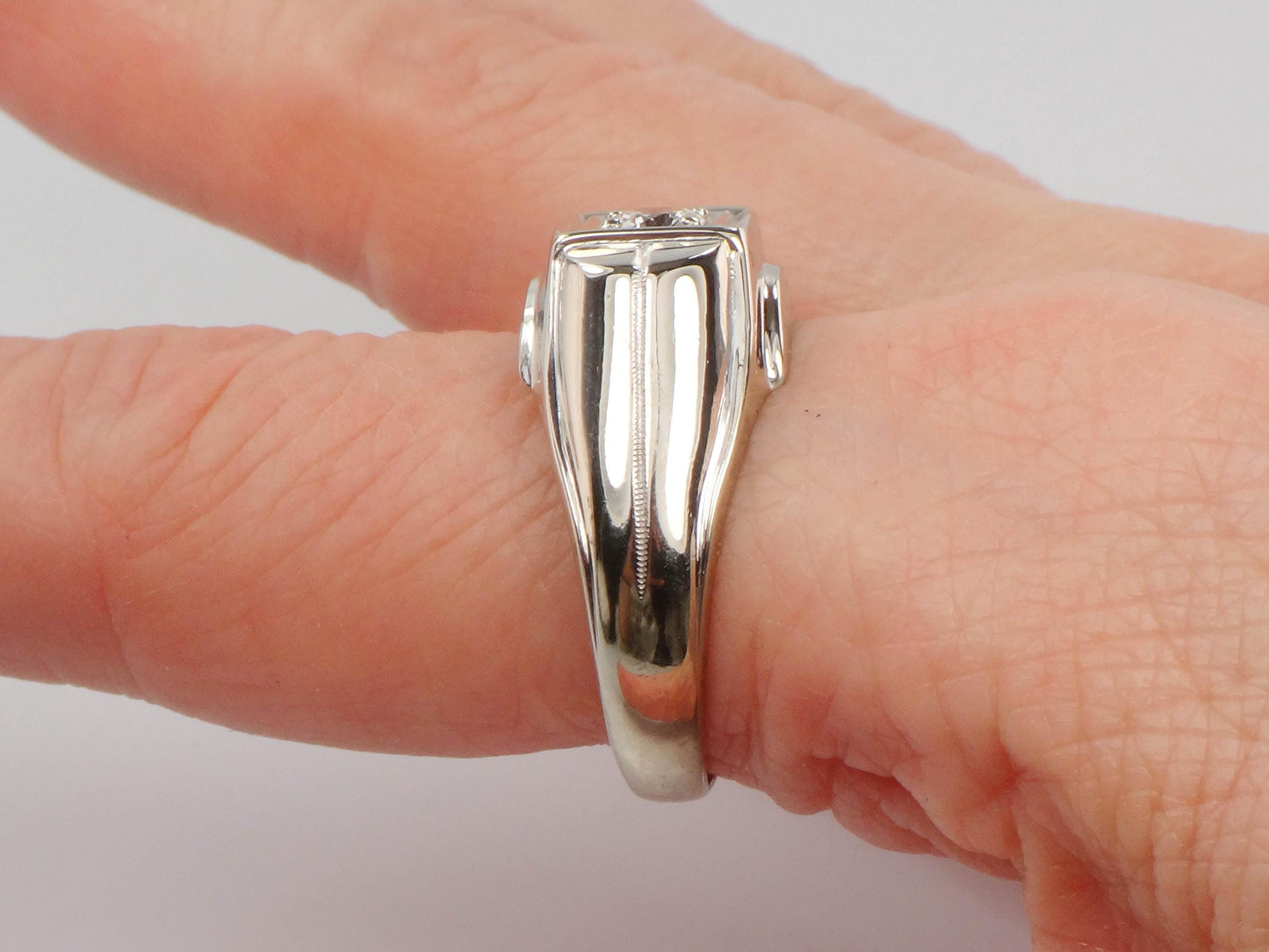 Vintage Art Carved 14k White Gold Diamond Men's Ring: 1960s Engagement Jewelry