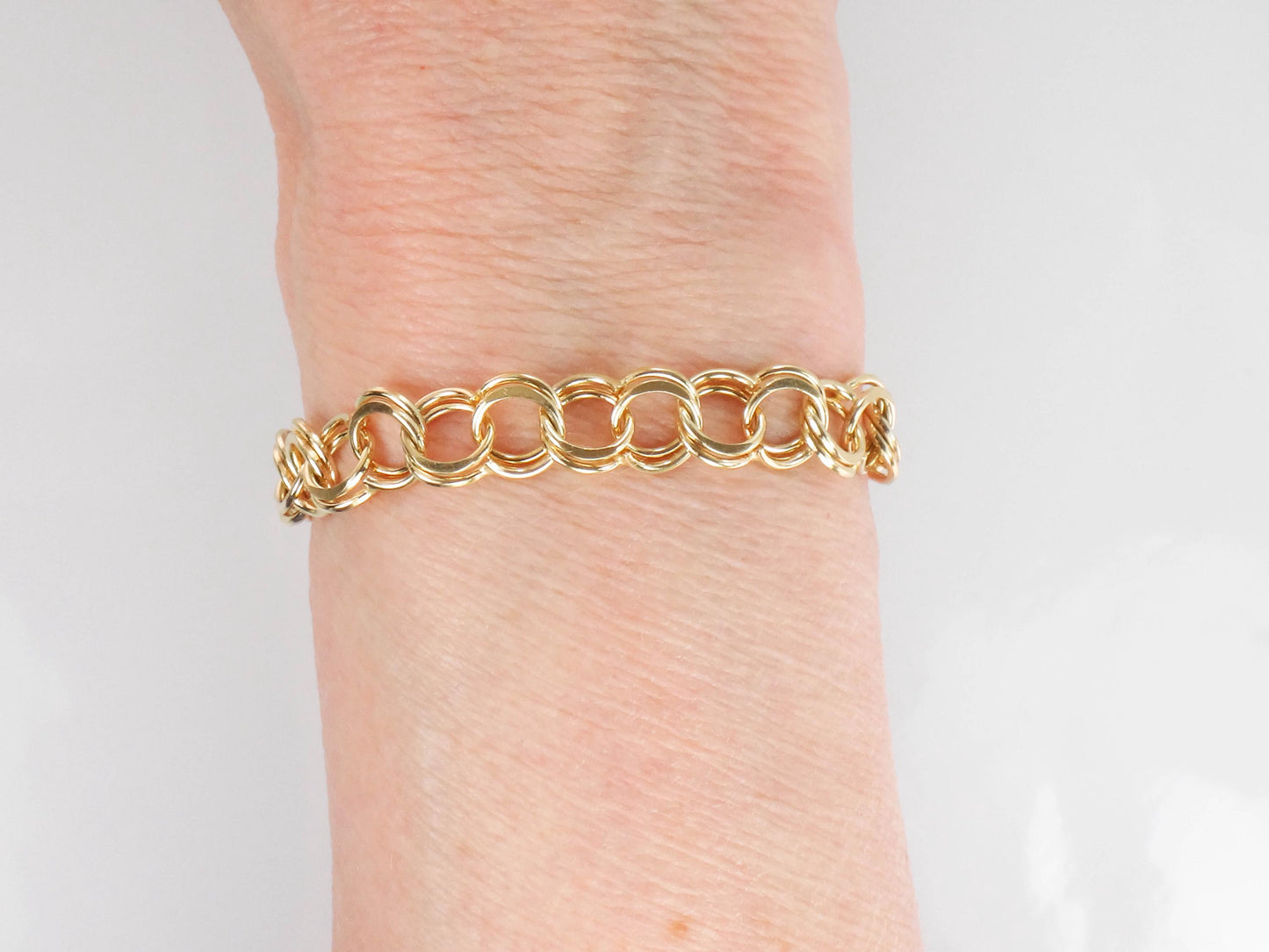 Vintage 14k Yellow Gold Double Link Charm Bracelet with Solid Gold Links 8"