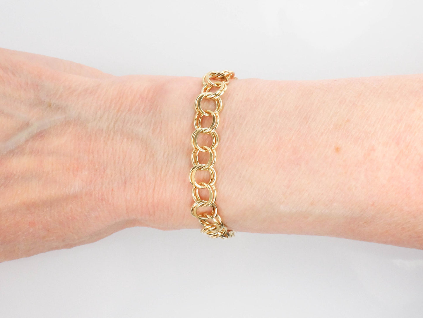 Vintage 14k Yellow Gold Double Link Charm Bracelet with Solid Gold Links 8"