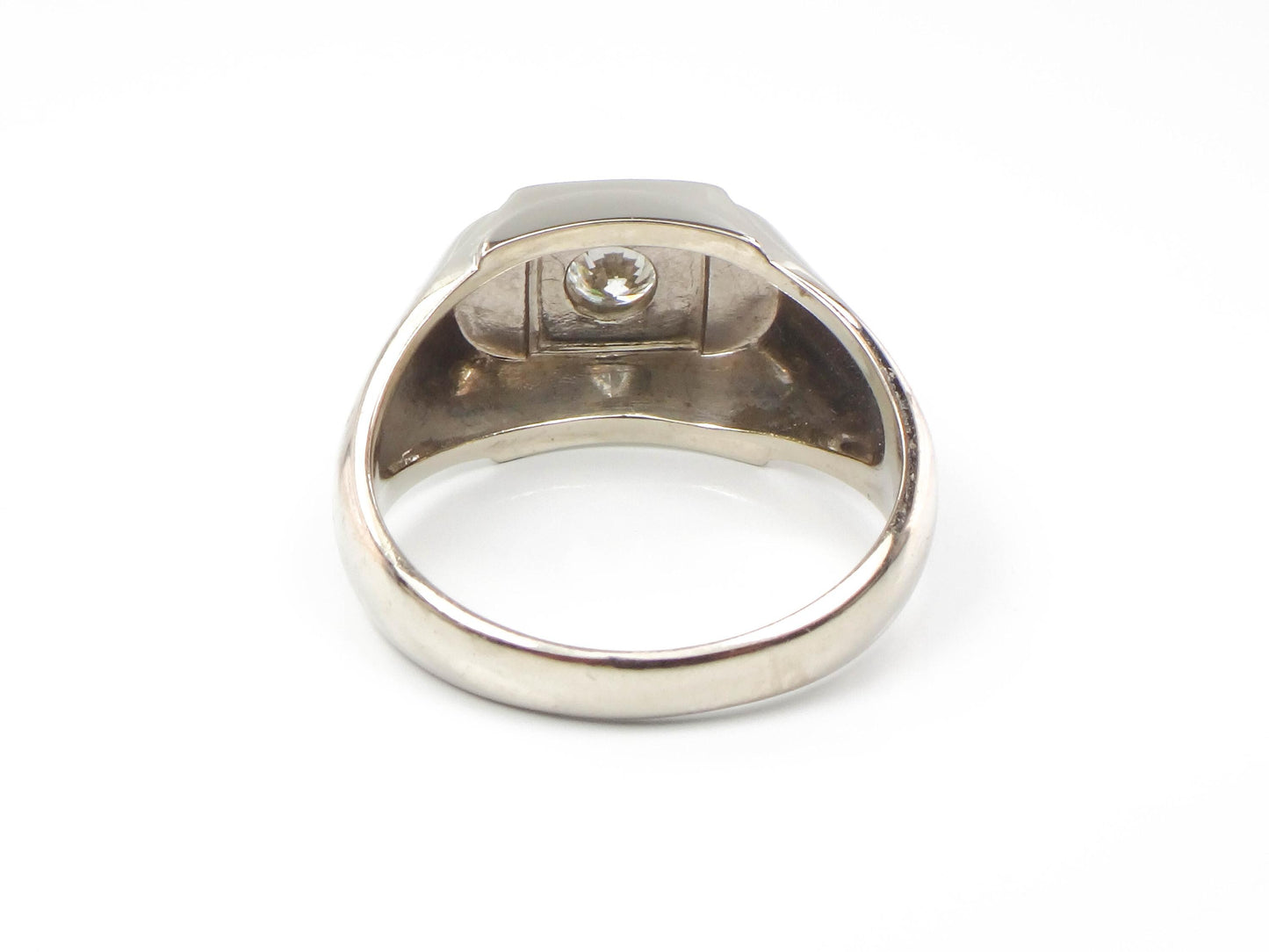 Vintage Art Carved 14k White Gold Diamond Men's Ring: 1960s Engagement Jewelry