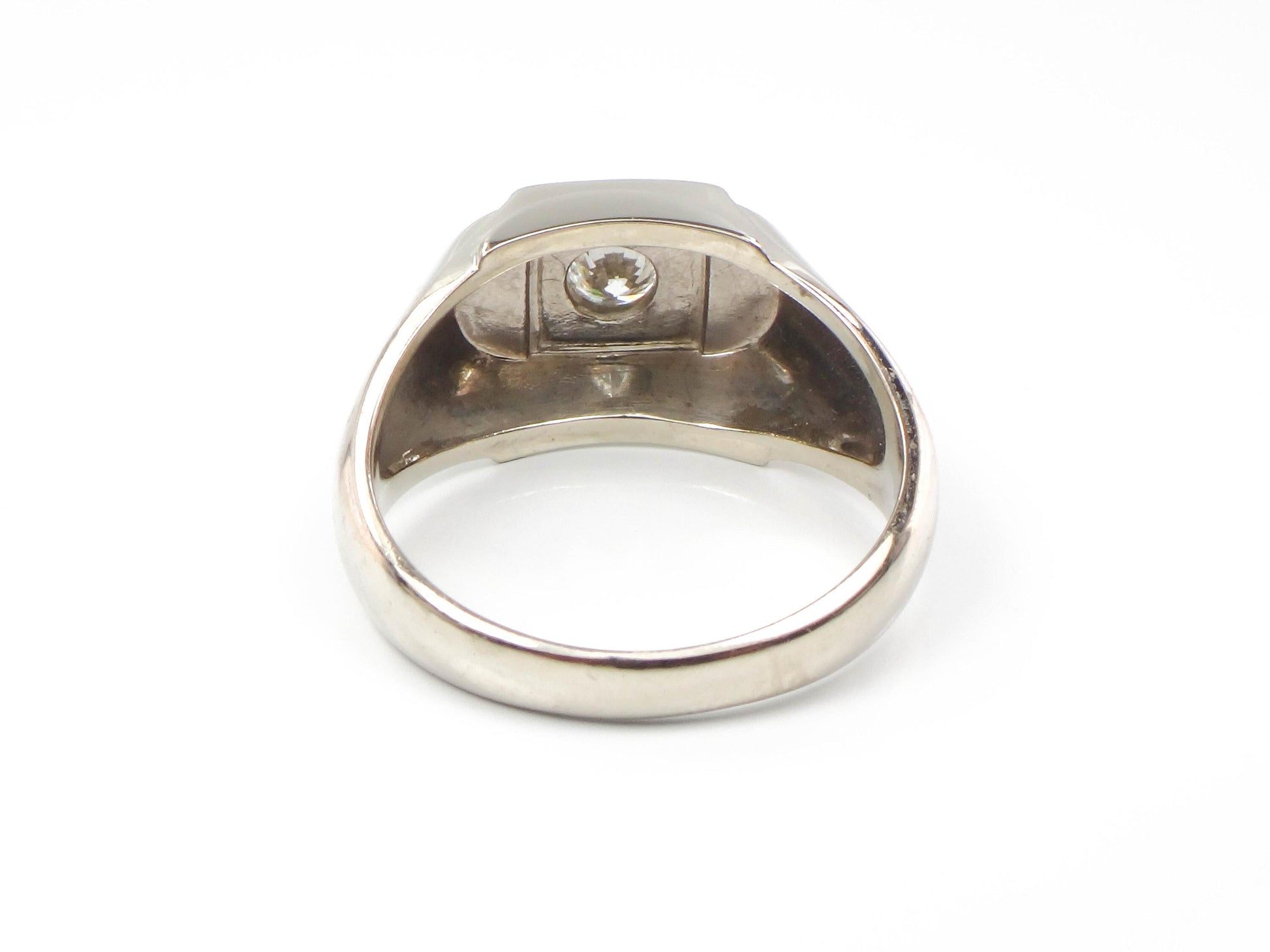 Vintage Art Carved 14k White Gold Diamond Men's Ring: 1960s Engagement Jewelry