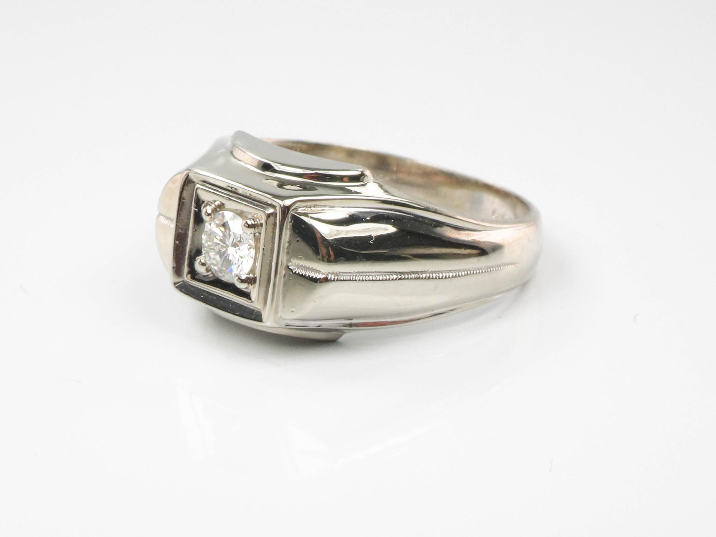 Vintage Art Carved 14k White Gold Diamond Men's Ring: 1960s Engagement Jewelry