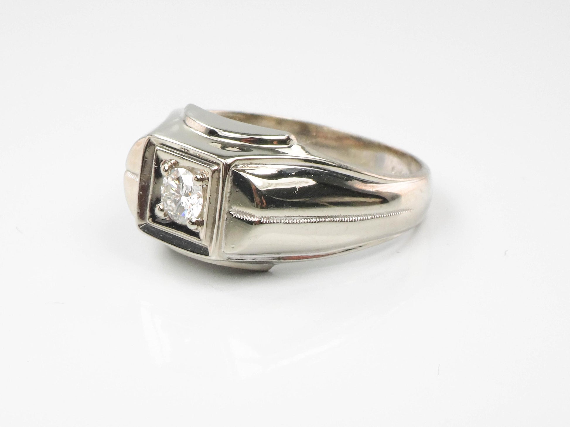Vintage Art Carved 14k White Gold Diamond Men's Ring: 1960s Engagement Jewelry