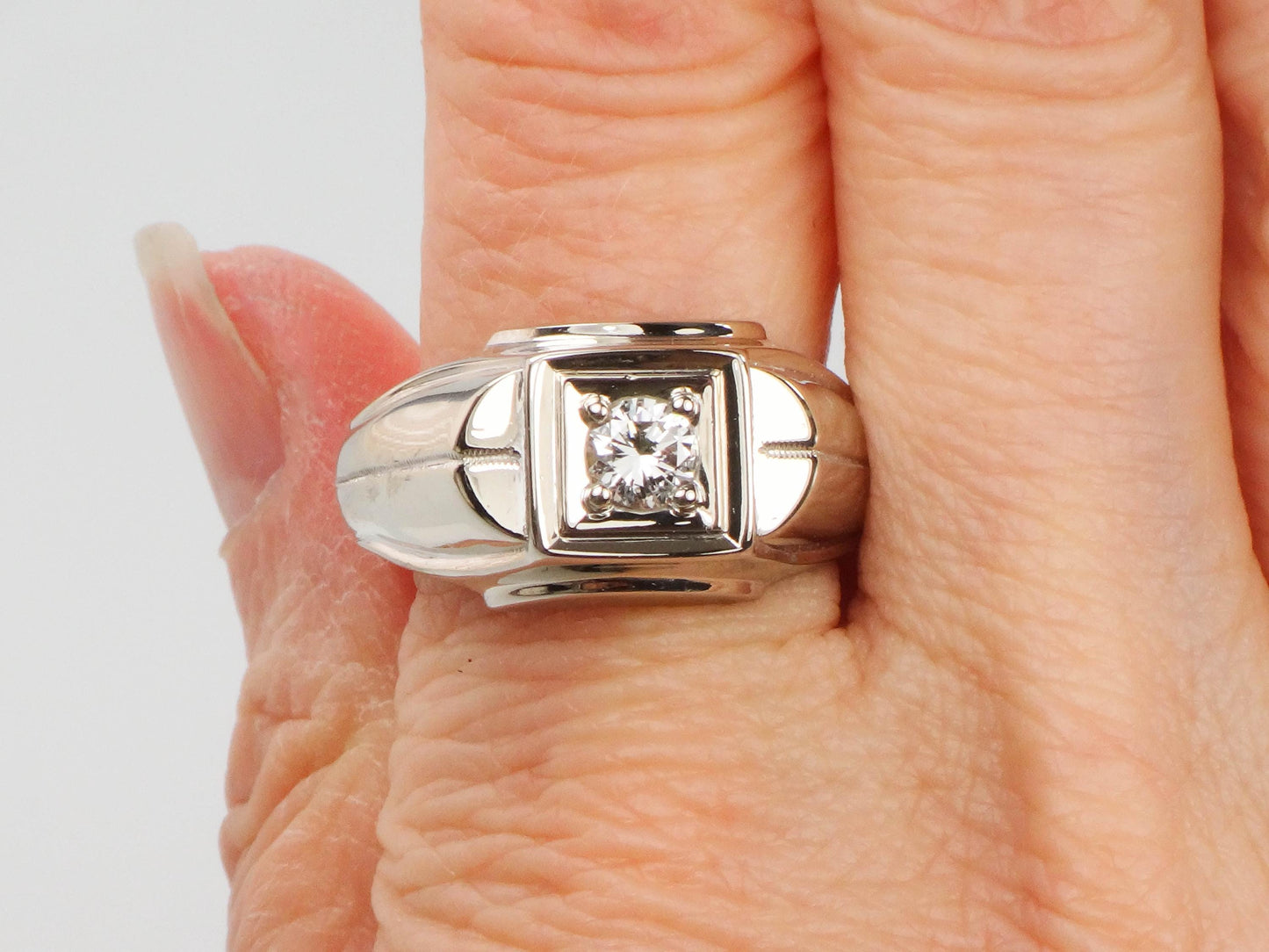 Vintage Art Carved 14k White Gold Diamond Men's Ring: 1960s Engagement Jewelry