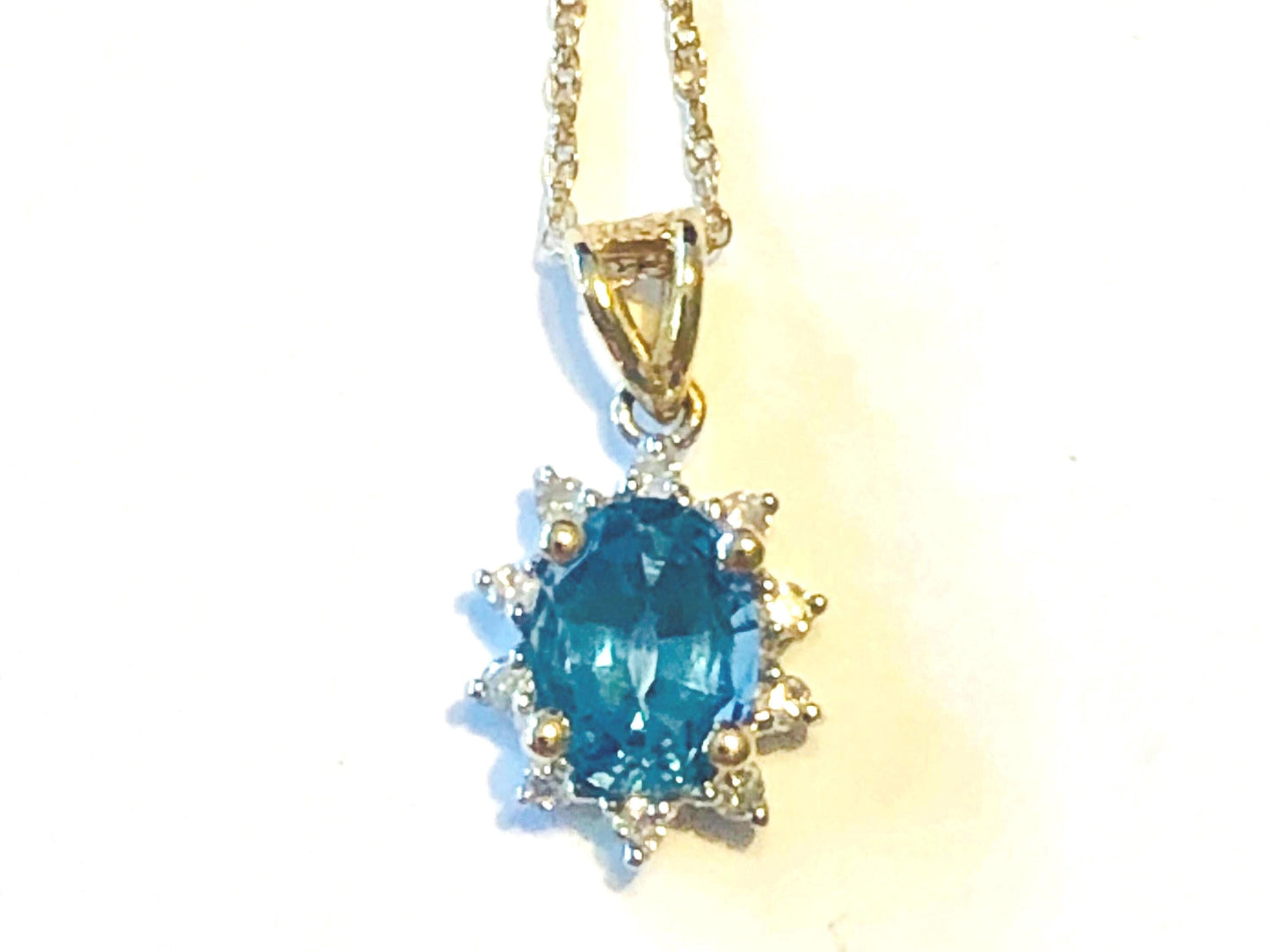 Vintage 14k Blue Topaz and Diamond Necklace, Oval Cut Topaz Pendant, December Birthstone