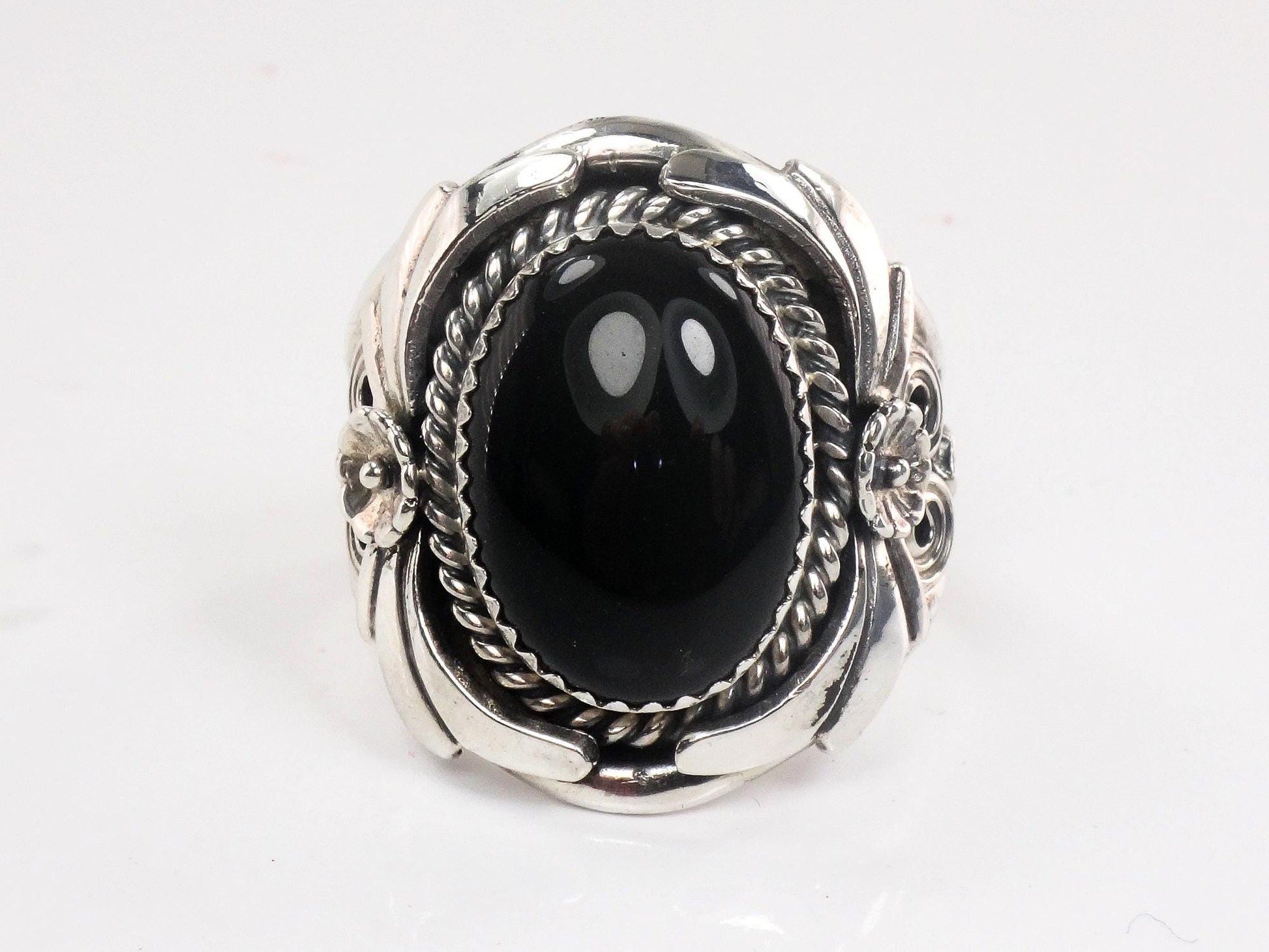 Vintage Large Sterling Silver Onyx Ring, Men's Southwestern Style Ring, Size 12.75