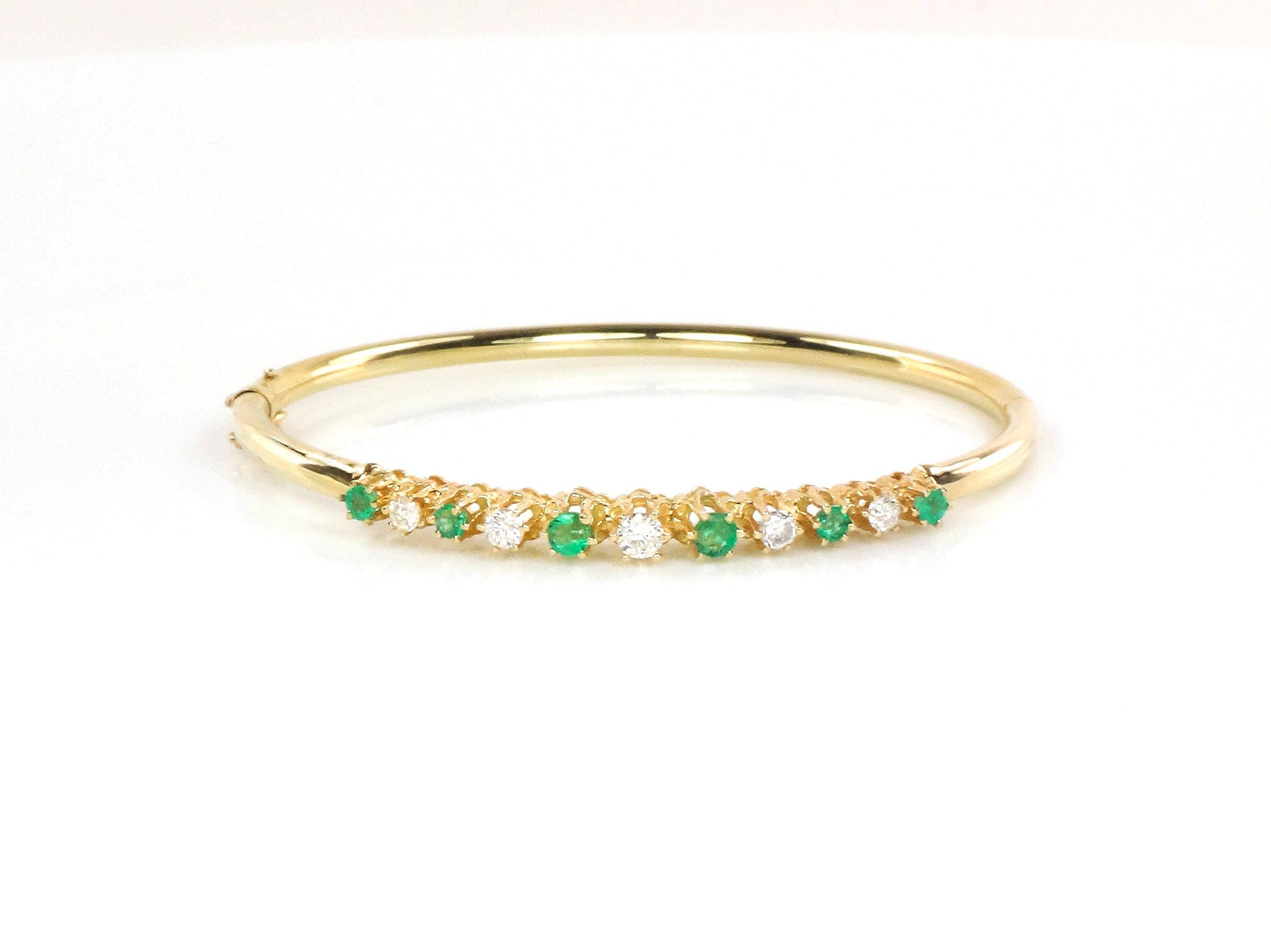 Vintage 14k Yellow Gold Natural Emerald and Diamond Bangle Bracelet - Bridal Bracelet - Small Size 6.75" - May Birthstone Bracelet