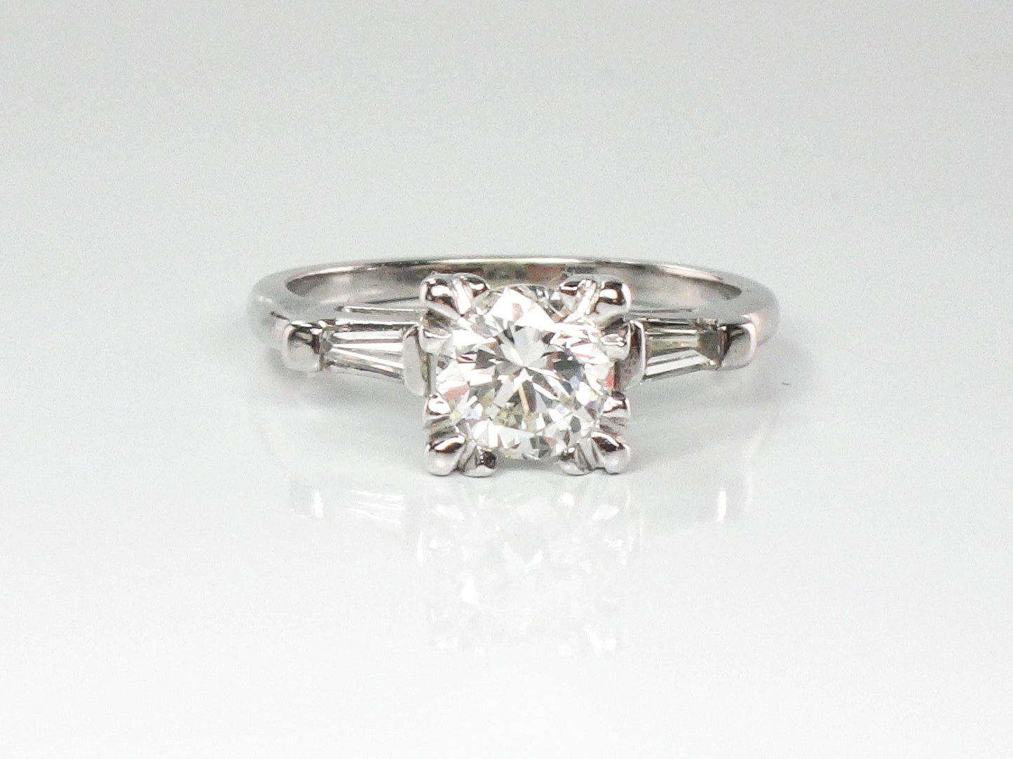 Vintage 14k White Gold Natural Round Brilliant Diamond Engagement Ring with Baguettes, .80 Carats Center, Size 6