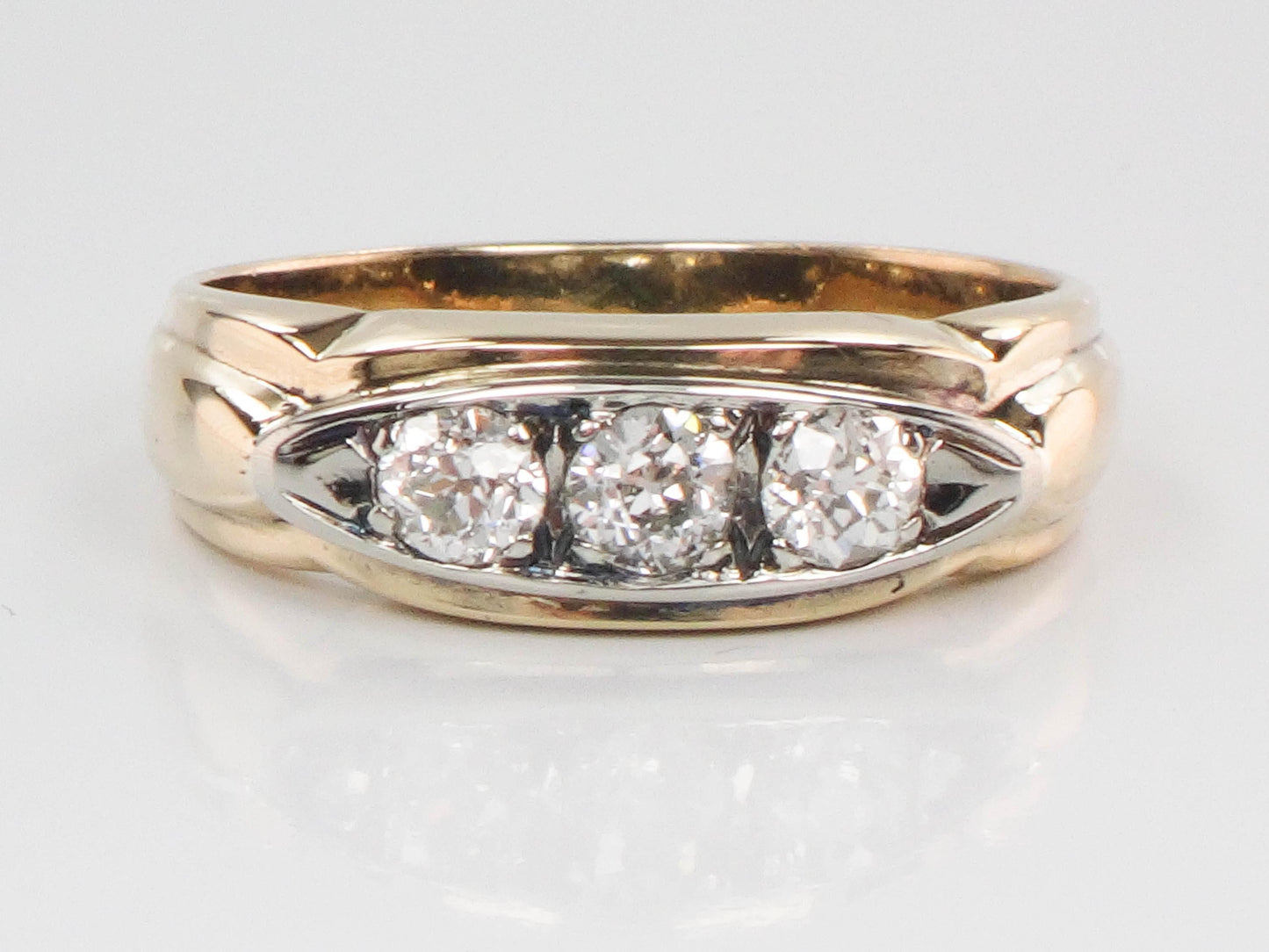 Vintage Art Deco 14k Gold Diamond Ring: Three Old Mine Cuts, 1930s, Size 8.75