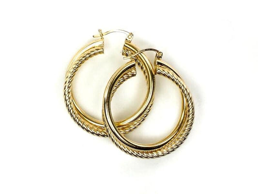 Vintage Large 14k Yellow Gold Fancy Twist Double Hoop Earrings 1.25" Round Hoop Earrings