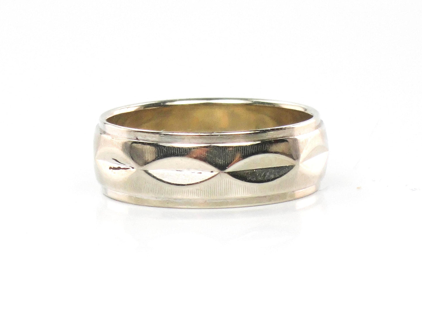 Vintage 14k White Gold Wedding Band - 6 MM Fancy Design, Size 6