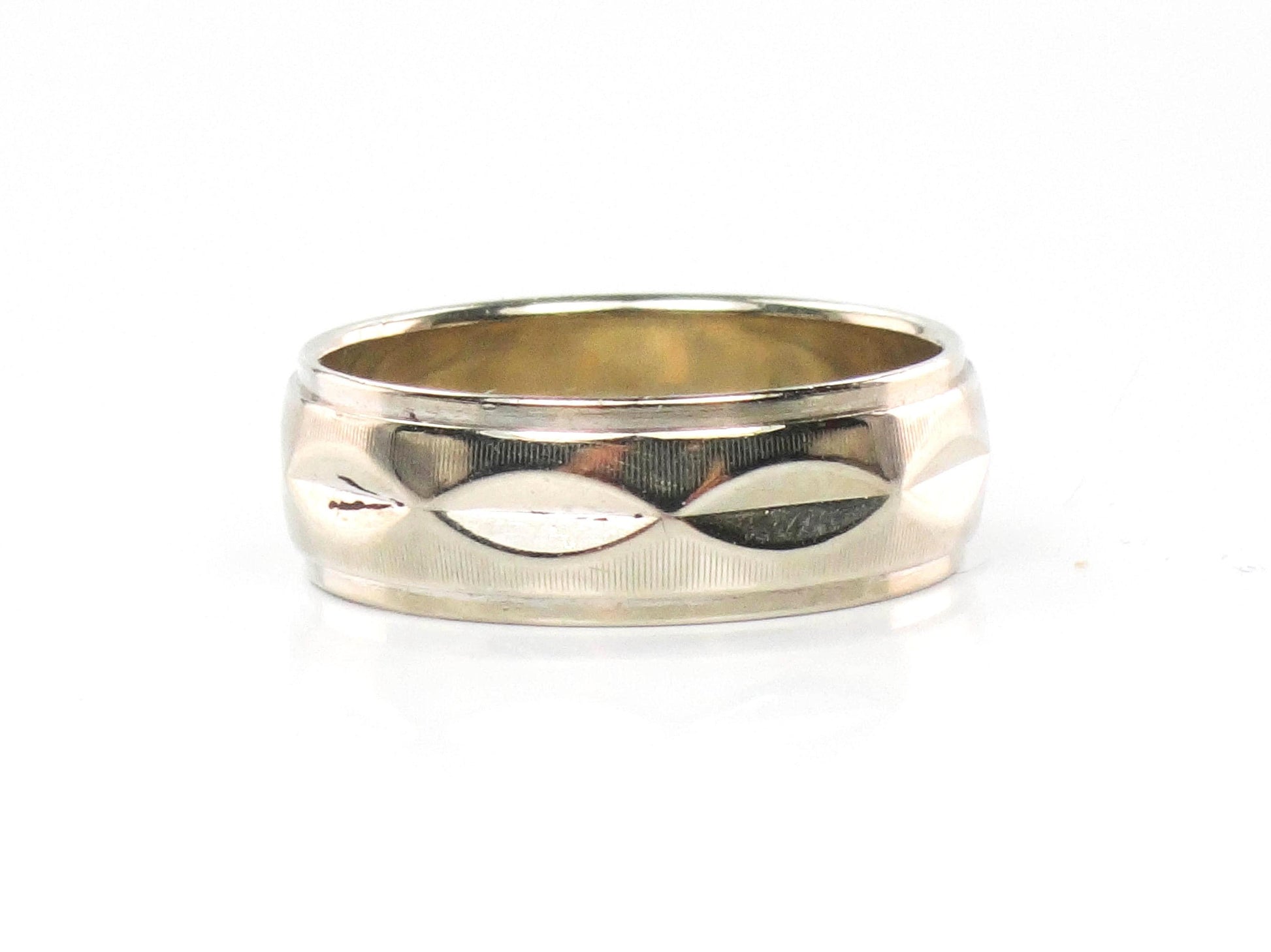 Vintage 14k White Gold Wedding Band - 6 MM Fancy Design, Size 6