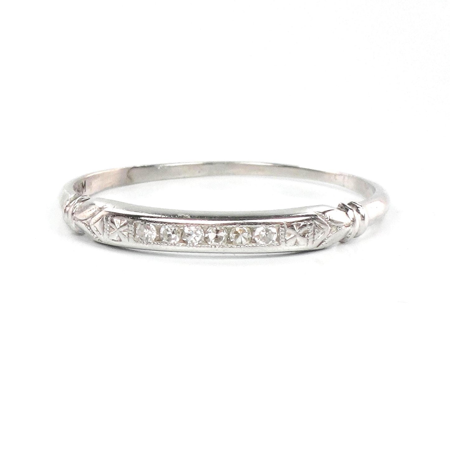 Vintage Thin Platinum Diamond Wedding Band, Diamond Stacking Ring, Size 11.75