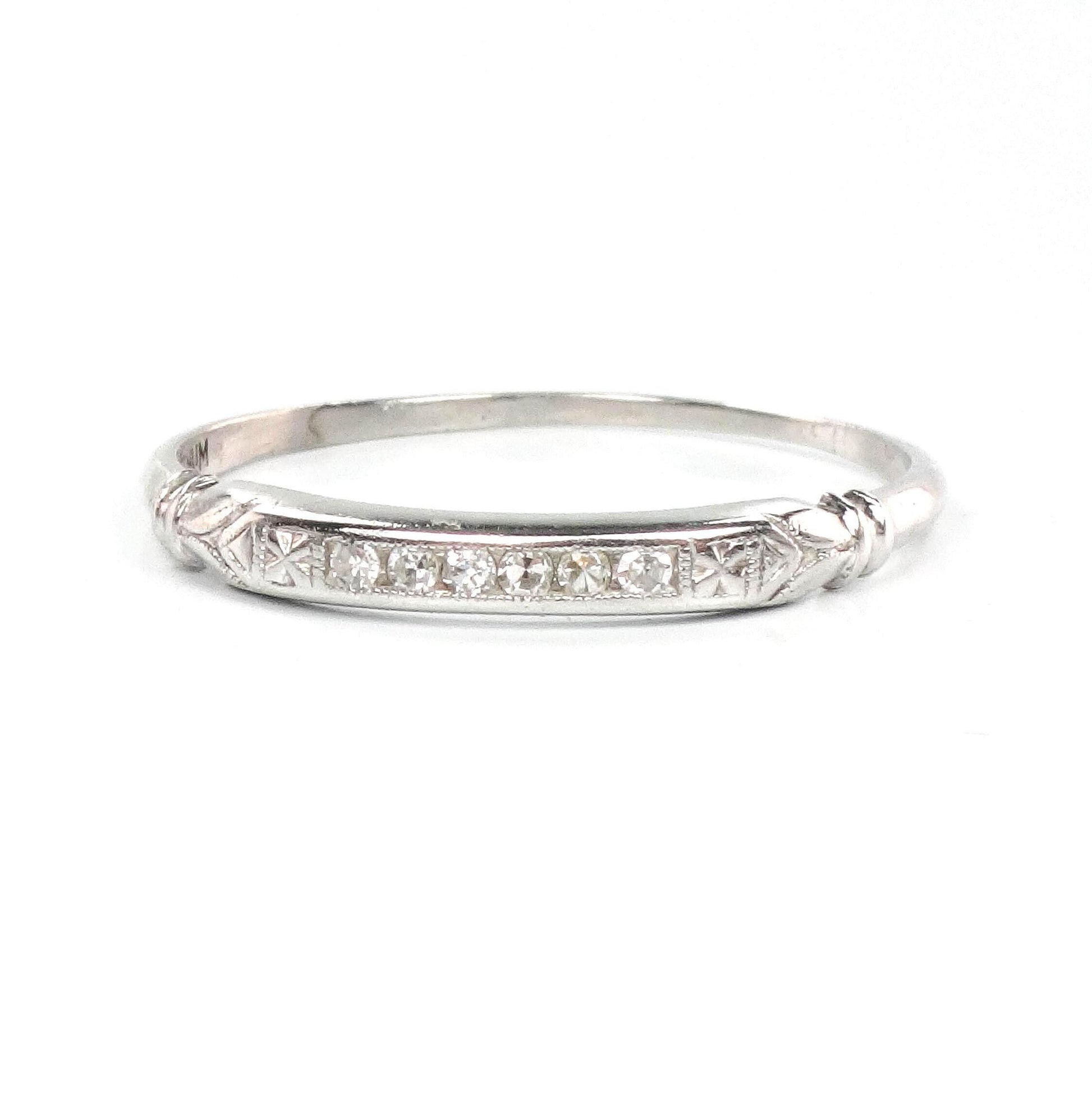 Vintage Thin Platinum Diamond Wedding Band, Diamond Stacking Ring, Size 11.75