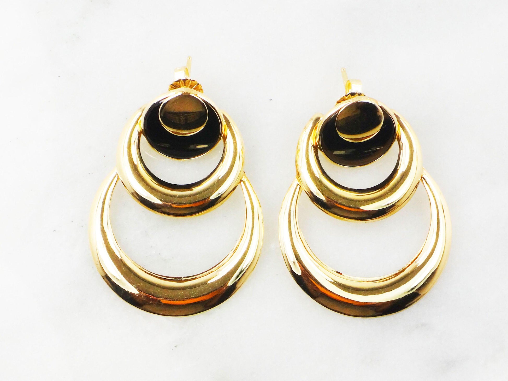 Vintage 14k Yellow Gold & Onyx Dangle Earrings - Circle Design - 1980s Fine Jewelry