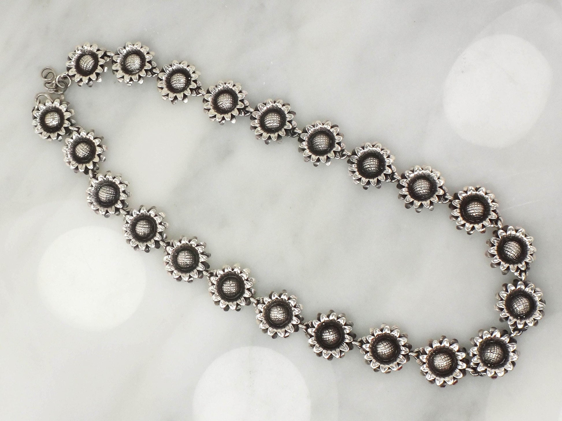 Silver Sunflower Necklace - Vintage Bold Floral Heavy Sterling Jewelry - 19"