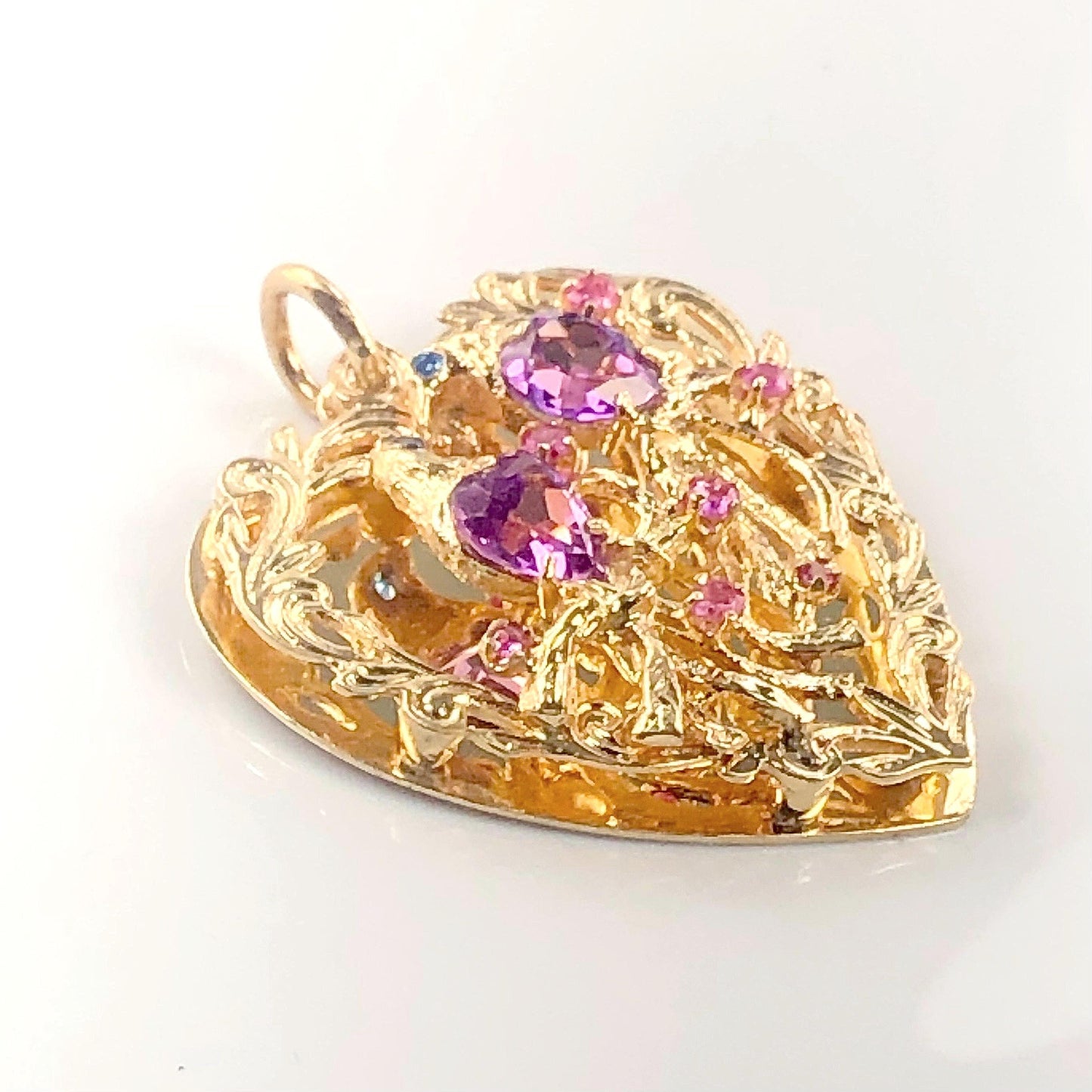 Vintage 14k Gold Love Birds Heart Pendant: Sapphire, Ruby Jeweled Charm