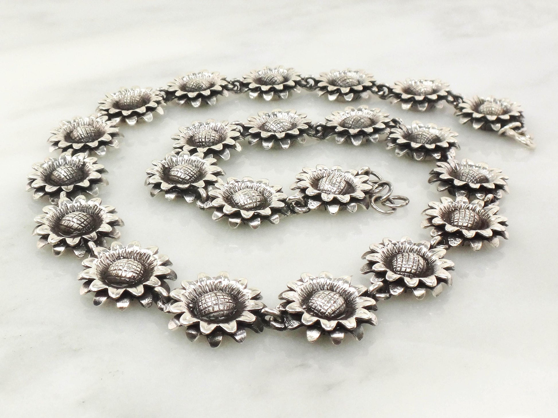 Silver Sunflower Necklace - Vintage Bold Floral Heavy Sterling Jewelry - 19"