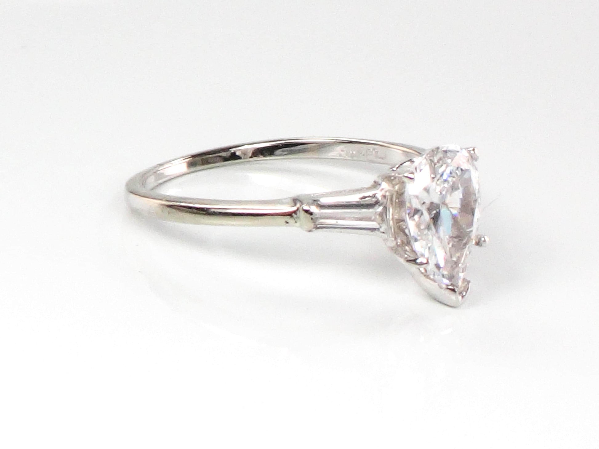 14k Pear Cut Cubic Zirconia Engagement Ring with Sapphire Baguettes - White Gold Vintage Fine Jewelry - Size 6.25