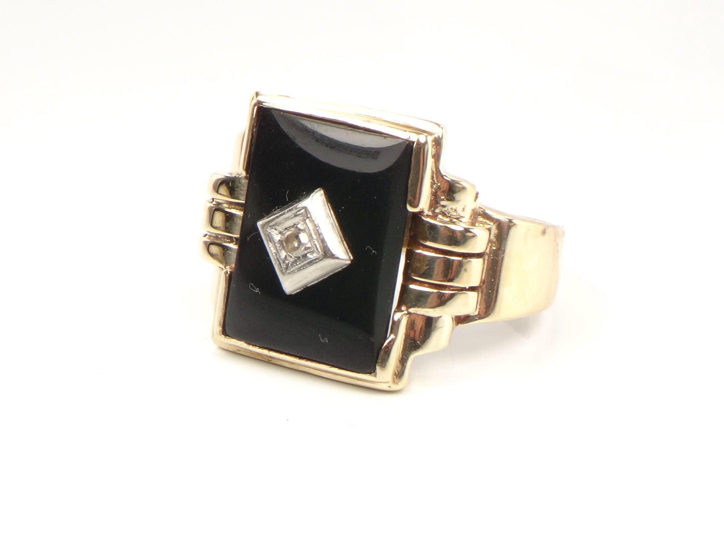 Vintage 10k Yellow Gold Rectangle Onyx and Diamond Ring: Men's, Size 10.25