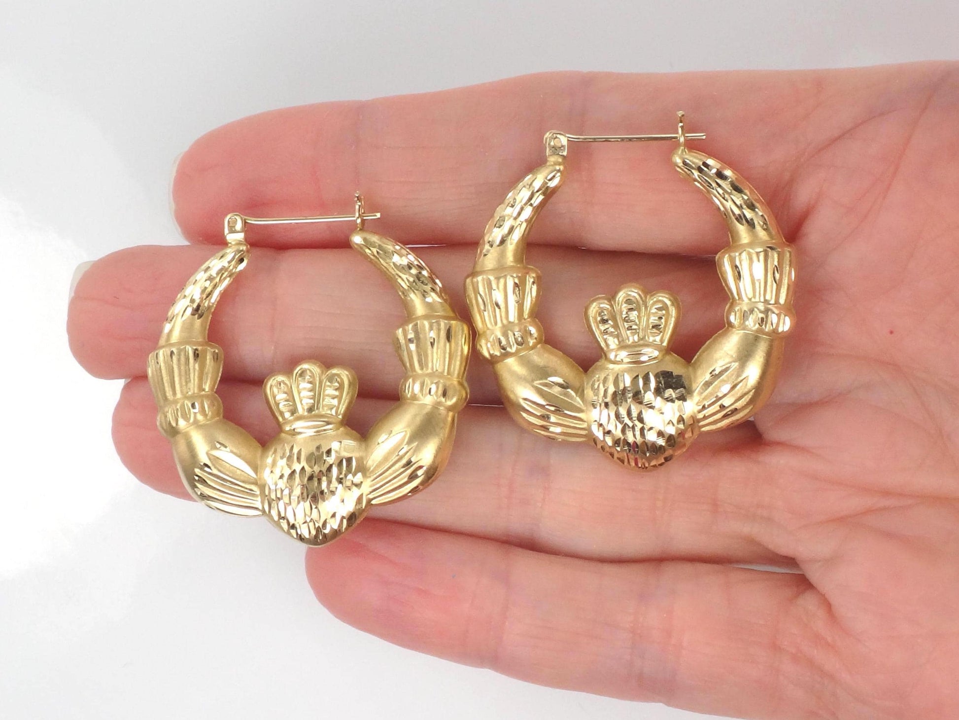 14k Yellow Gold Claddagh Hoop Earrings: Vintage, Large 1 1/4"