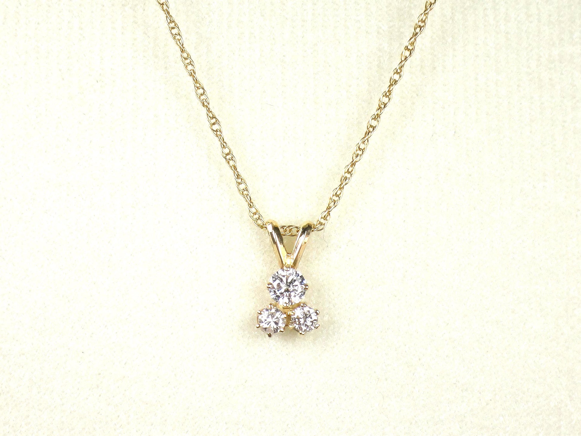 Vintage 14k Yellow Gold Three Diamond Necklace: Approximately .40 Carat TDW 16"
